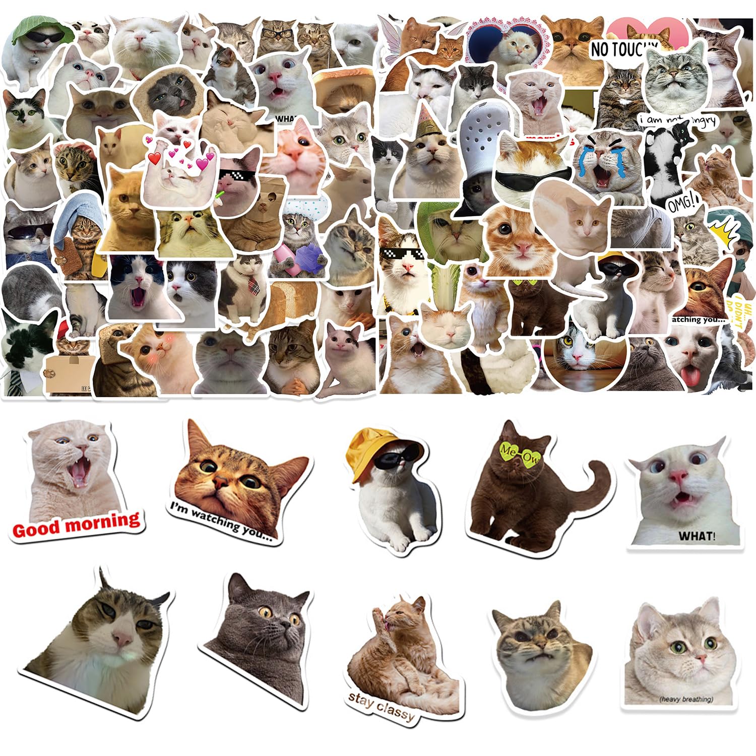 MAXQUU 100 pegatinas divertidas para gatos, lindas pegatinas impermeables para gatos, pegatinas de emoticono de gato, pegatinas decorativas para teléfonos móviles, pegatinas autoadhesivas, pegatinas