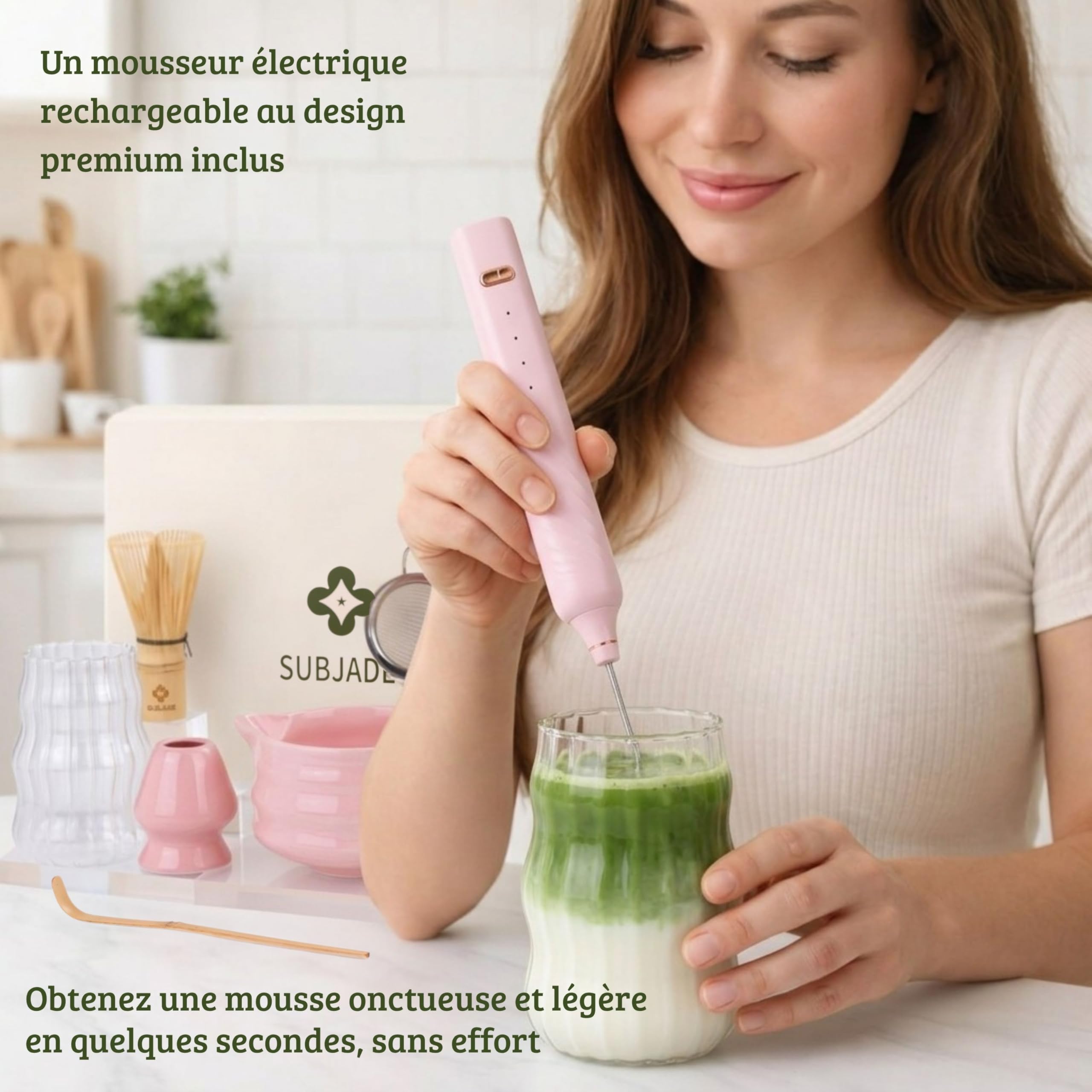Kit Matcha – Matcha Kit Complet avec Bol Matcha 530ml Bec Verseur, Fouet Matcha Électrique & Chasen Bambou – Coffret Matcha Rose Premium, Set Matcha Débutant avec Accessoires Thé Matcha