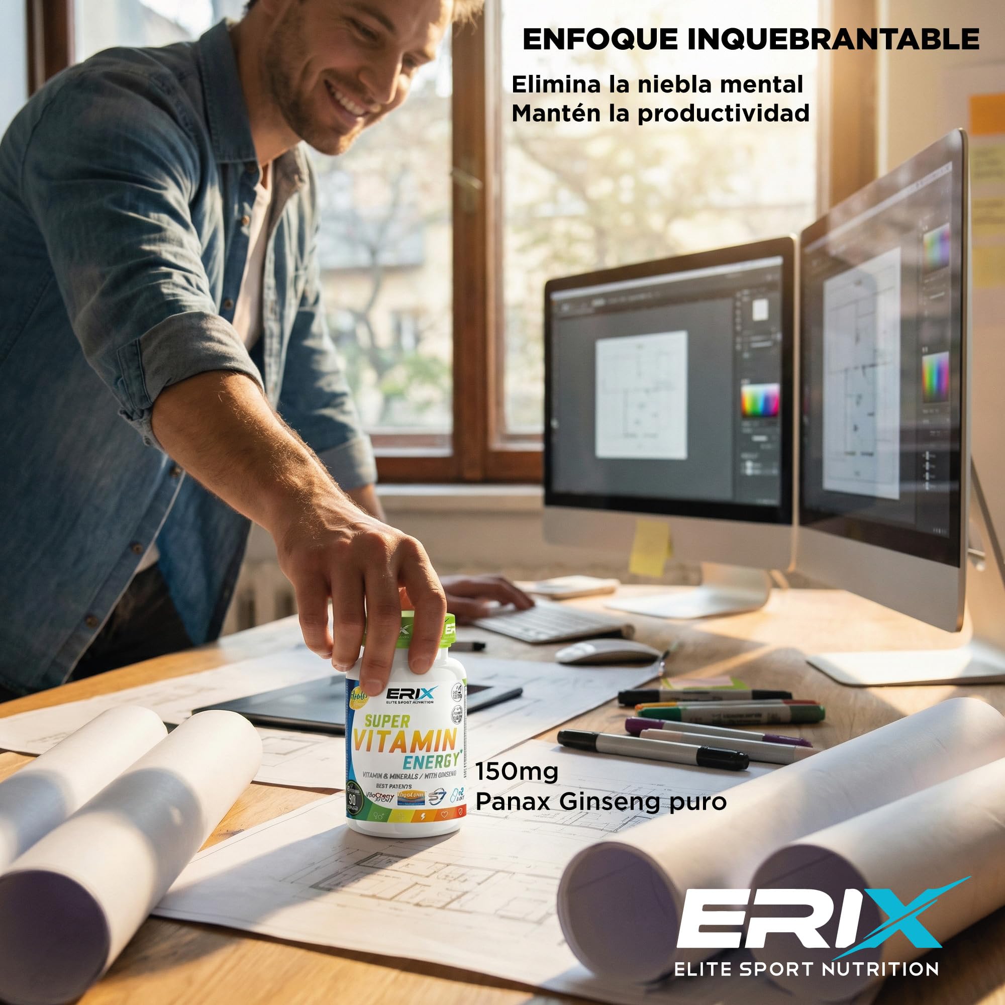 ERIX Nutricion Super Vitamin Energy - Pack Ahorro 2 Botes (180 Capsulas) - Multivitaminico con Ginseng, Cafeina, S7 - Energia y Recuperacion para 90 Dias