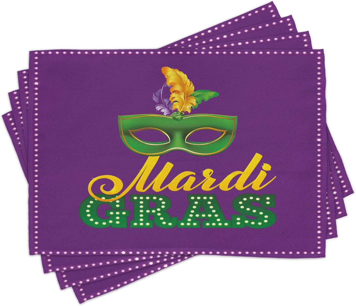 Ambesonne Mardi Gras Place Mats Set of 4, Green Colorful Feathers on Pastel Tone Backdrop Styled Calligraphy, Washable Fabric Placemats for Dining Table, Standard Size, Purple Yellow