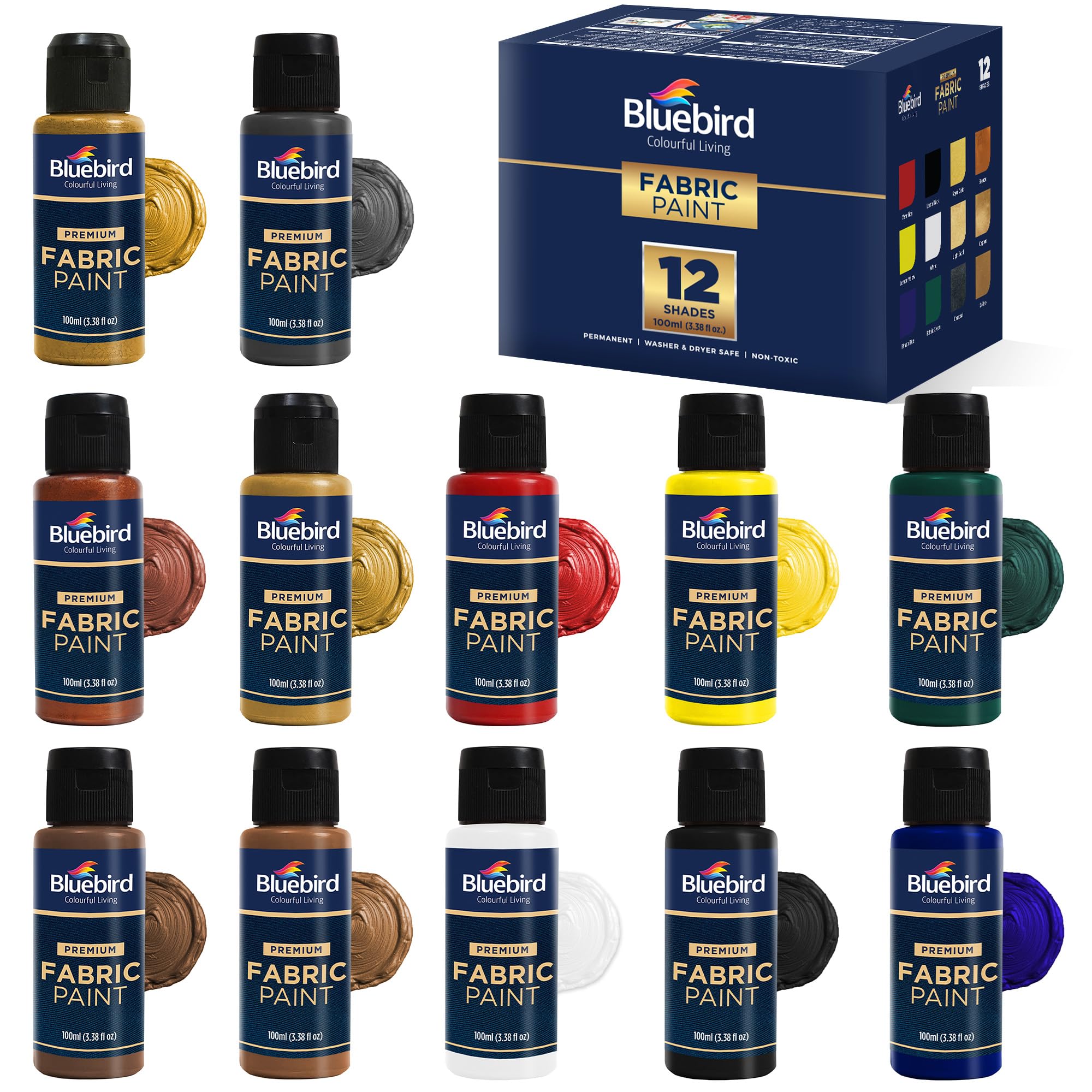 BLUEBIRD 12-Pack Fabric Paint, 3.4 Fl Oz each, Permanent Fabric Paints for Clothes, Furniture Upholstery