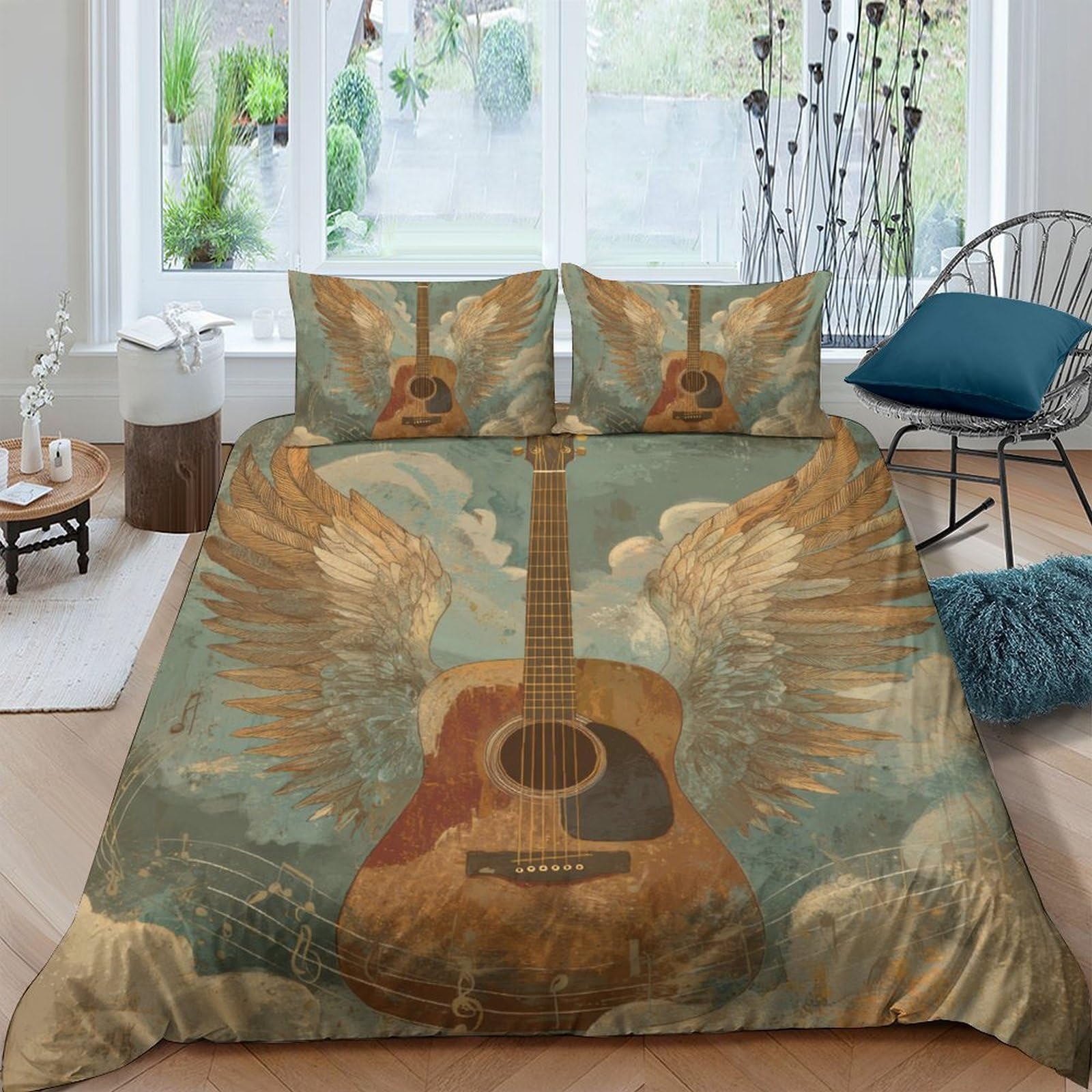GPLZQXKJNH 3D Printed Vintage Guitar Duvet Cover Microfiber Bedding Set Acoustic Music Wing Pattern with 2 Pillowcases for Bedroom Decor Single（135x200cm）