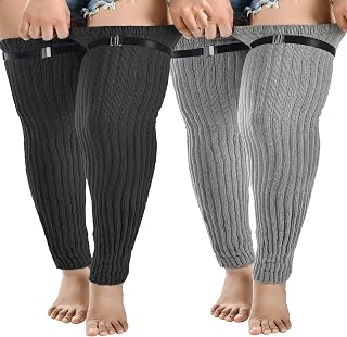 Women's Plus Size Extra Long Leg Warmers Wide Thick Thigh High Footless Socks Over Knee Boot Stockings with Belt