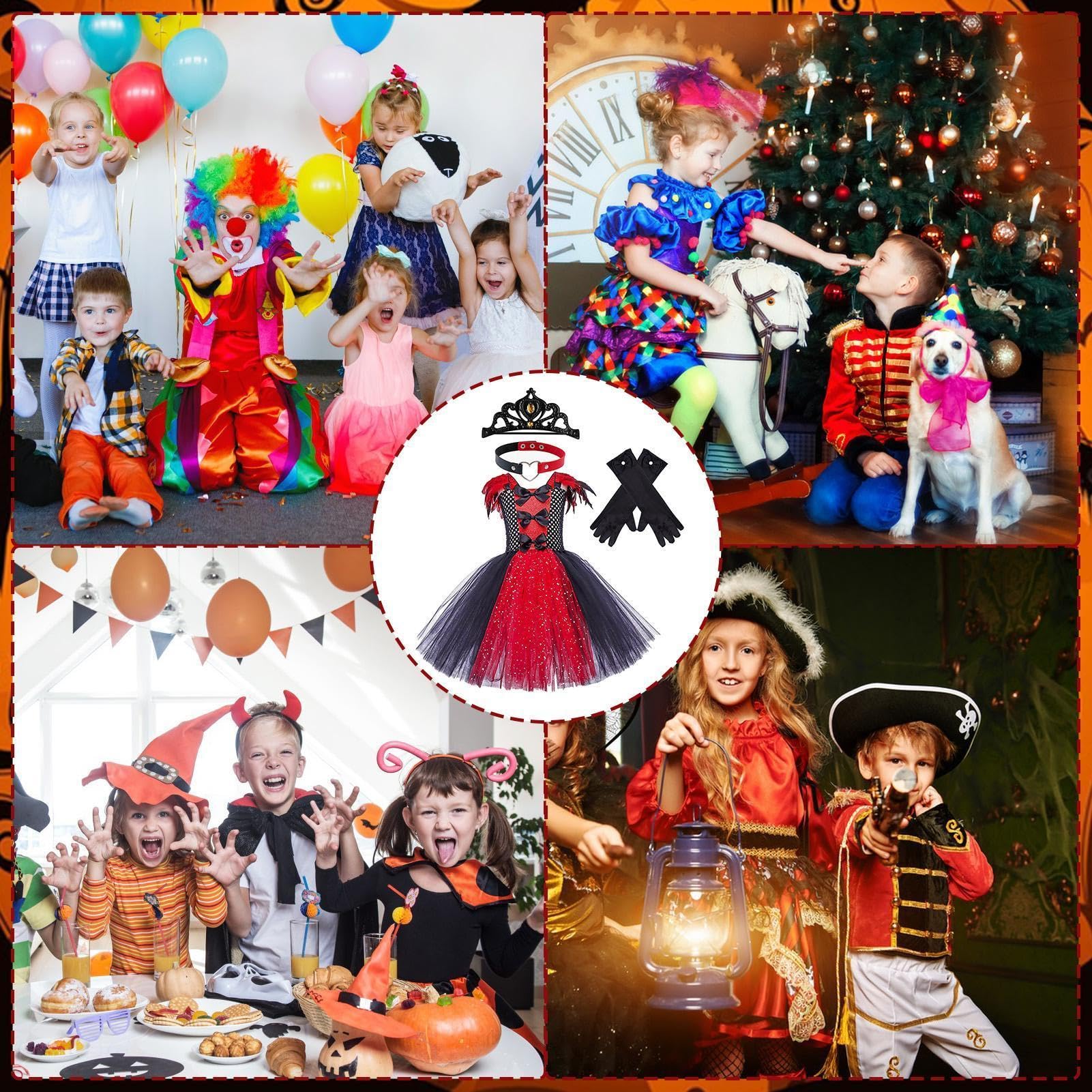 Abito Gotico Vampira per Bambine Set Principessa Collana Clavicola Corona | Abito Di Halloween Con Gonna In Tulle Per Bambini 2-12 Anni Cosplay Recita Festa Oggetti Foto