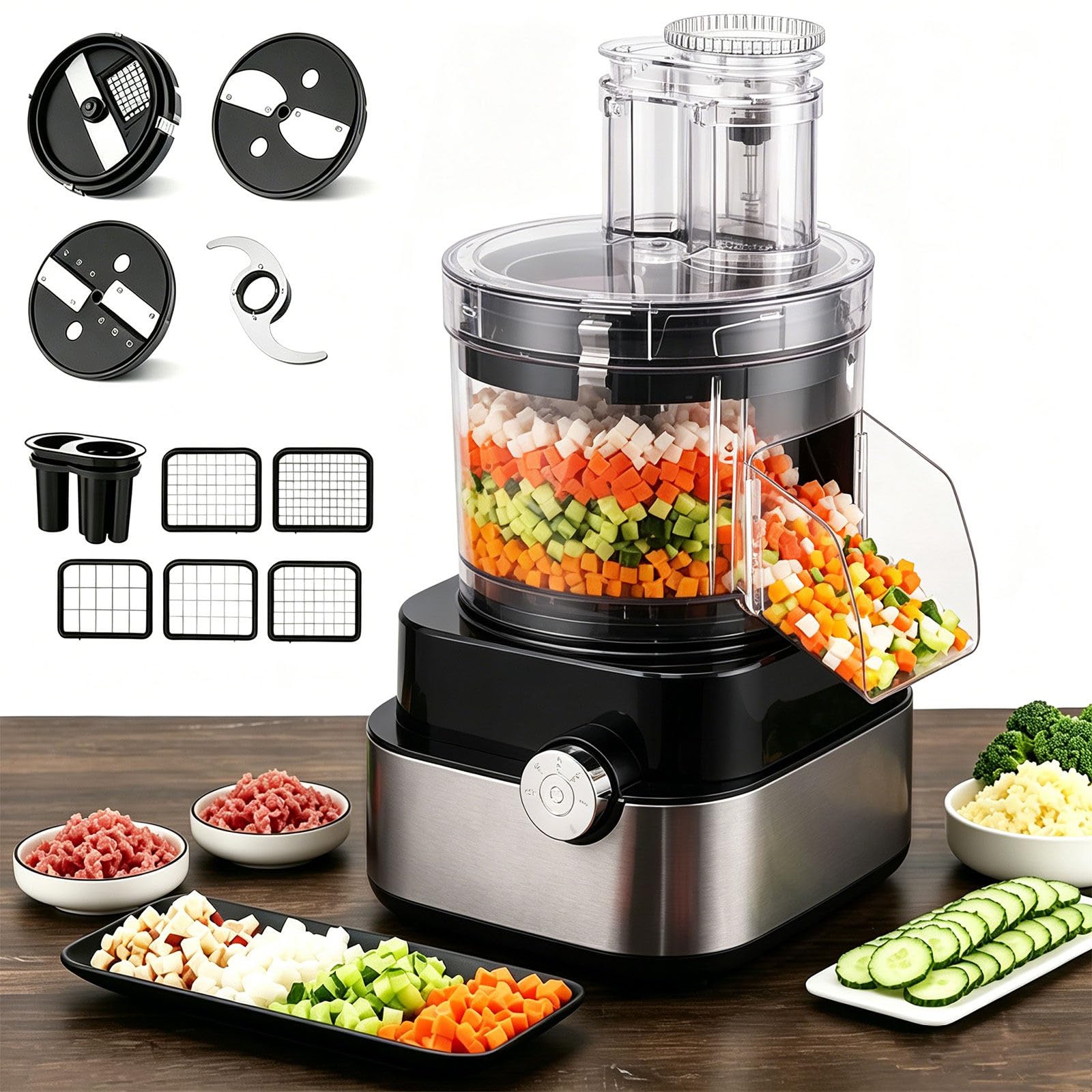 5 in 1 Trite Verdure Elettrico affetta Patate, capacità di Lavorazione 200 kg/h, 4 Lame e 5 Griglie di Taglio, Versatile per Verdure, Frutta, Carne, Zenzero e Aglio