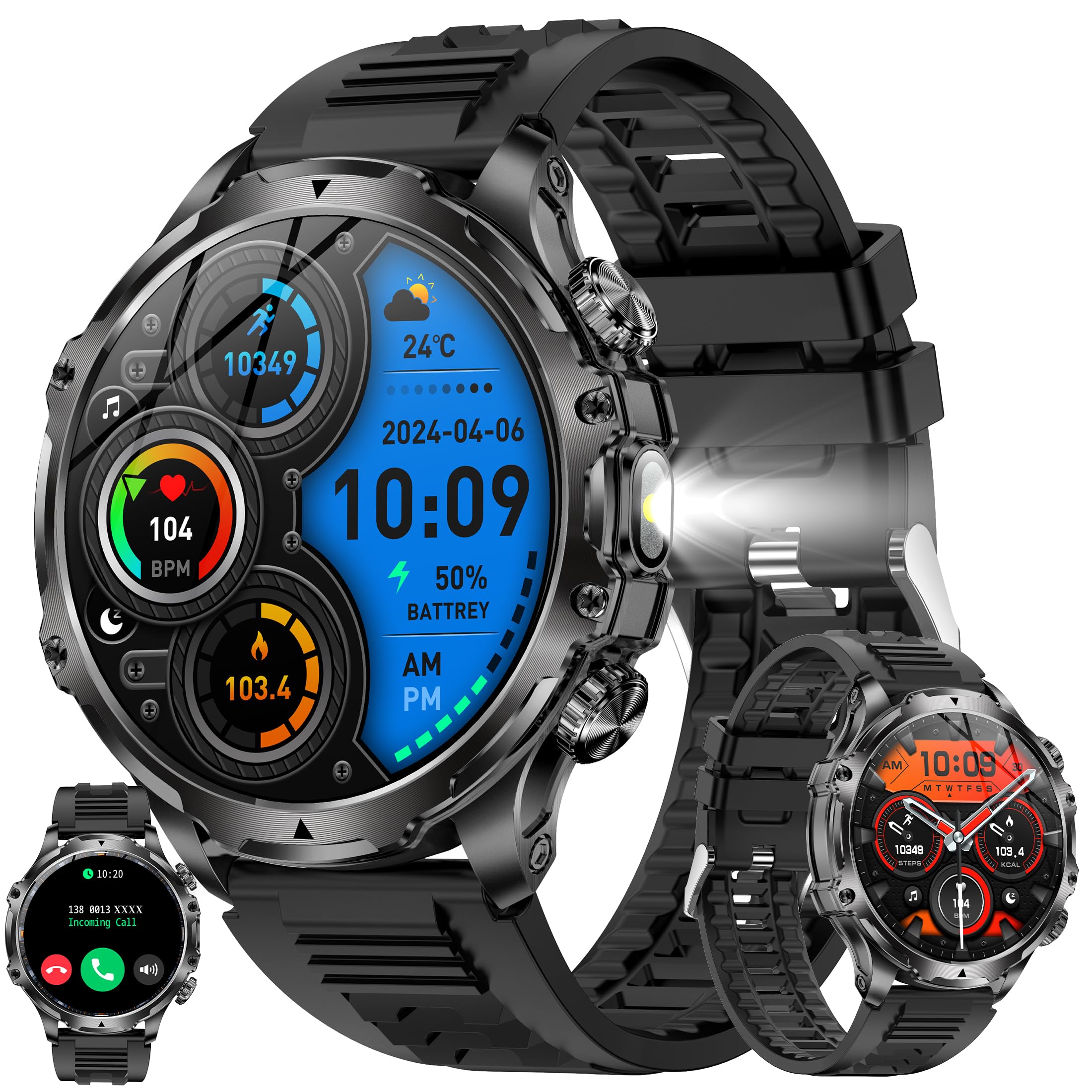 Reloj inteligente AMOLED de 1,85 pulgadas para hombre con función de teléfono, batería de 800 mAh, linterna, reloj inteligente de 5 ATM, rastreador de actividad con 123 modos deportivos