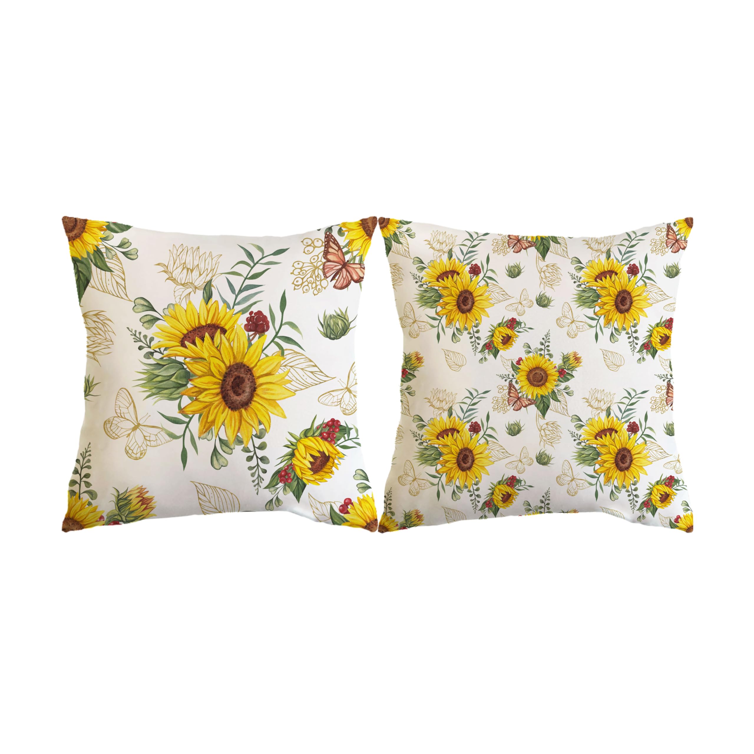 Throw Pillow Covers 18x18',Yellow Sunflowers and Butterflies Throw Pillowcase Decorative Cushion Case for Sofa Bedroom Cushion Home Decor Set of 2, White, beijiarui-covers -4