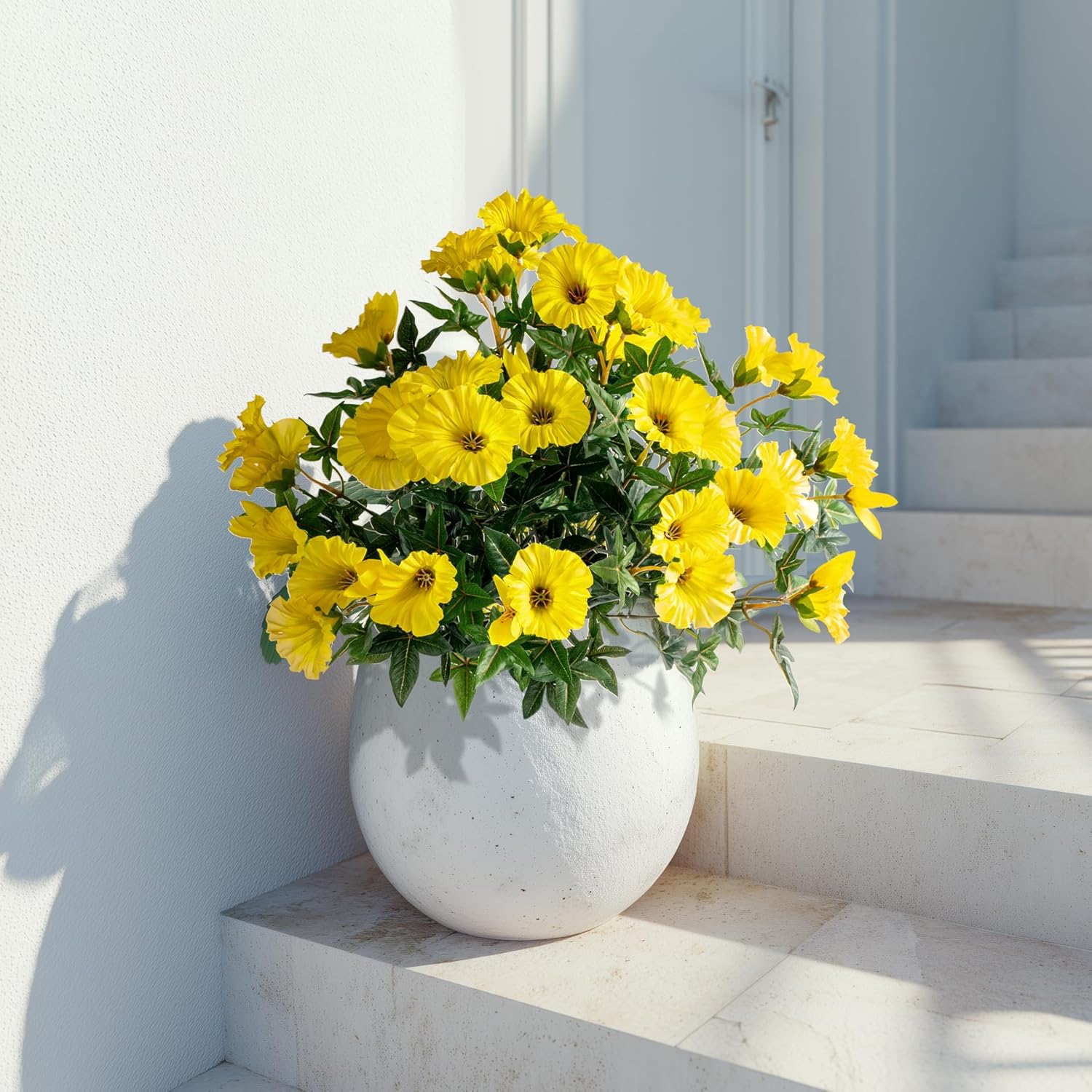 Artificial Plants Outdoor Morning Glory Artificial Flowers Plastic Flowers for Decoration,UV Resistant Look Real Fake Flowers Faux Outdoor Plants Front Door Decor Outdoor 13.3In Yellow4pcs