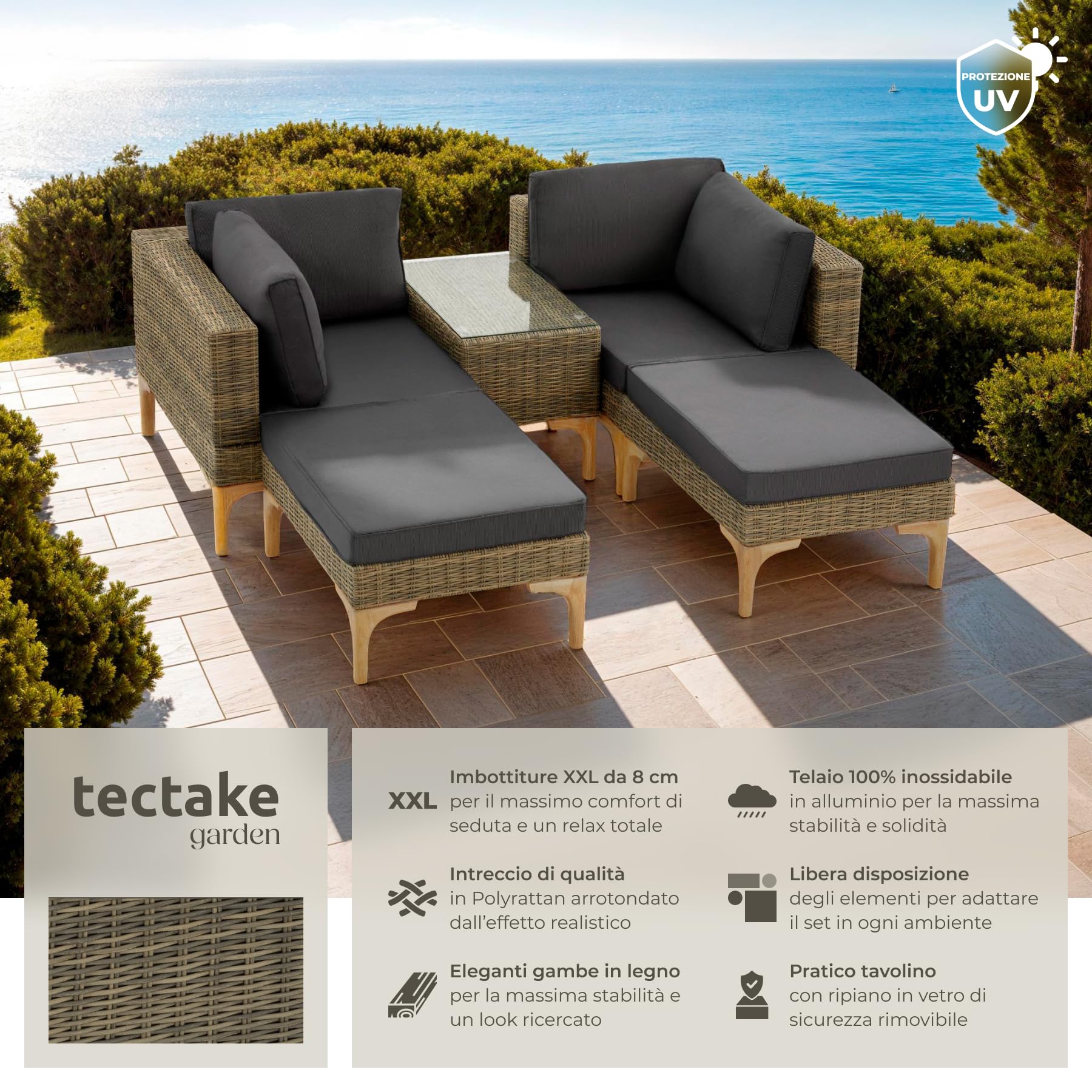 tectake® Salottino in Rattan Bellaria, Telaio in Alluminio, Set da Giardino con Tavolino Salotto, Poltrone, Rivestimenti Idrorepellenti, Resistente ai Raggi UV - Naturale