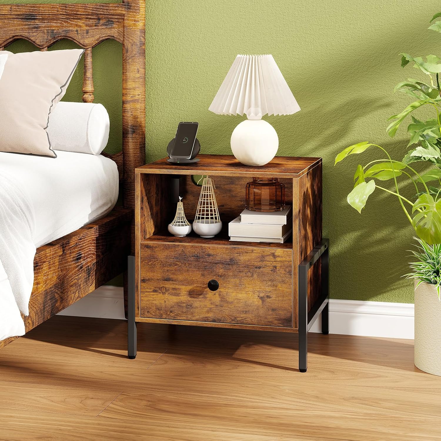 KOMFOTT Nightstand with Charging Station, Bedside Table with Drawer & Storage Shelf, Metal Frame, AC Outlet, USB & Type-C Port, Sofa Side Table for Small Space, Bedroom (Rustic Brown,1)