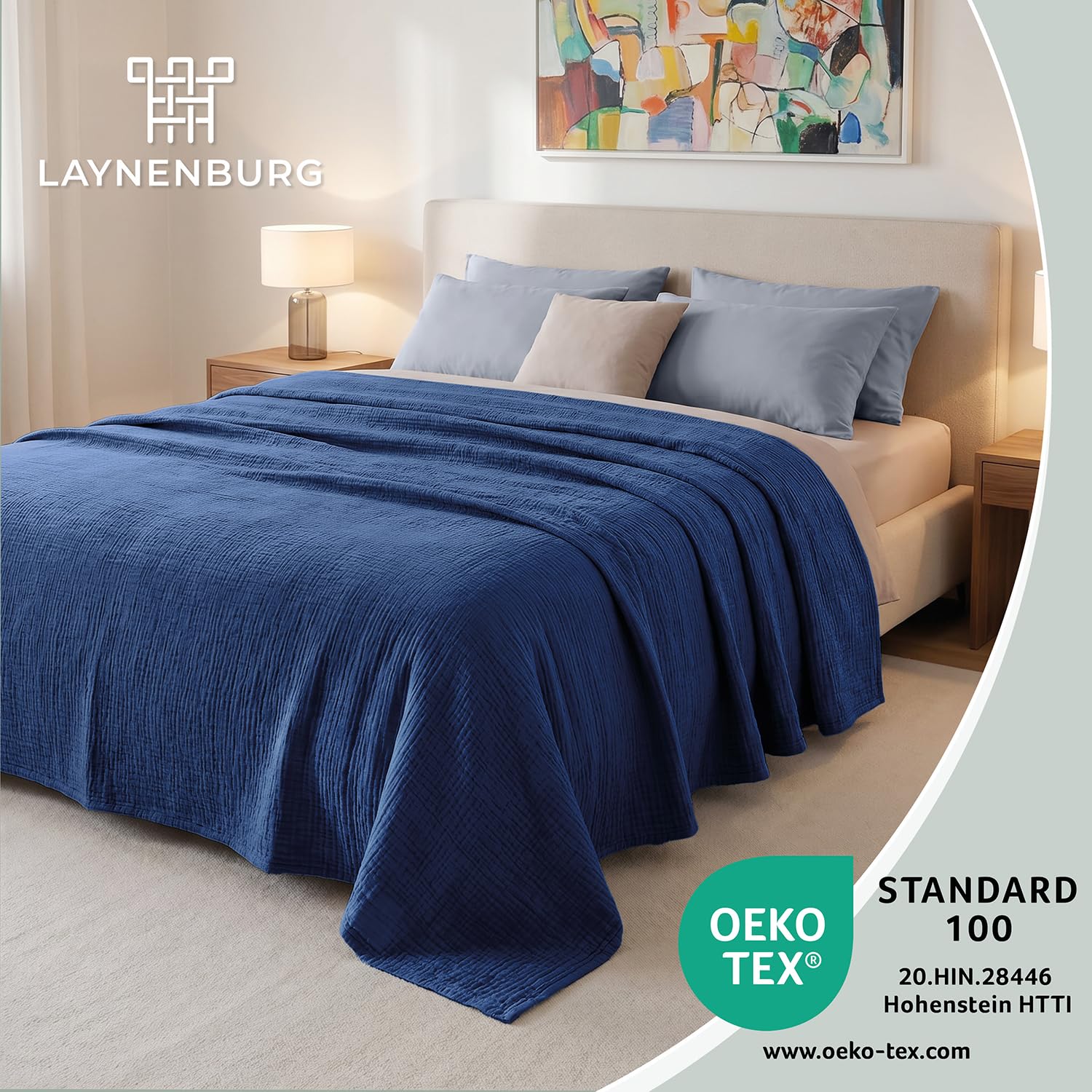 LAYNENBURG Premium Musselin Tagesdecke 180x220 cm - 100% Baumwolle - extraweiche Baumwolldecke als Kuscheldecke, Bett-Überwurf, Sofa-Überwurf, Couch-Überwurf - warme Sofa-Decke (Blau)