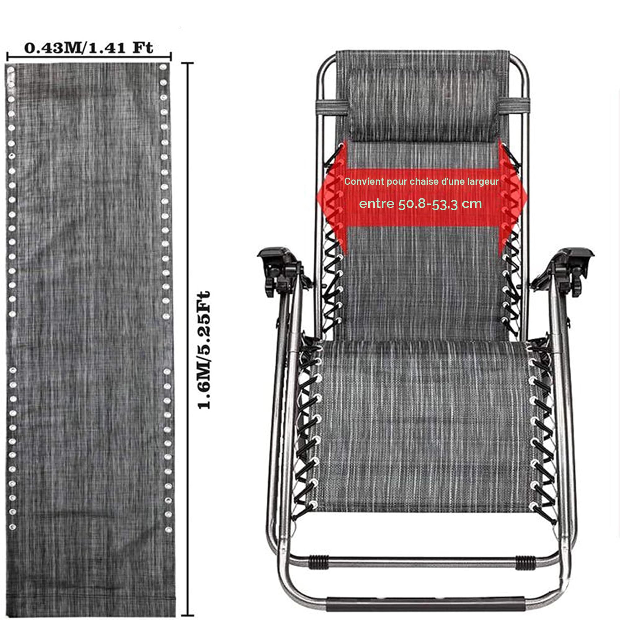 Azatemgo Toile de Rechange pour Transat avec 4 Cordes Élastiques - Kit de Remplacement en Nylon Résistant (Gris, 160 x 43 cm)