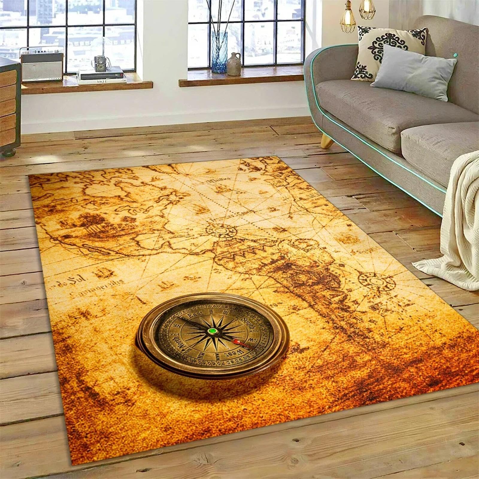 Alfombra con brújula y Mapa del Mundo náutico Retro 3D, Alfombra Antideslizante Lavable para habitación Infantil, Ideal para Escalar y Jugar.