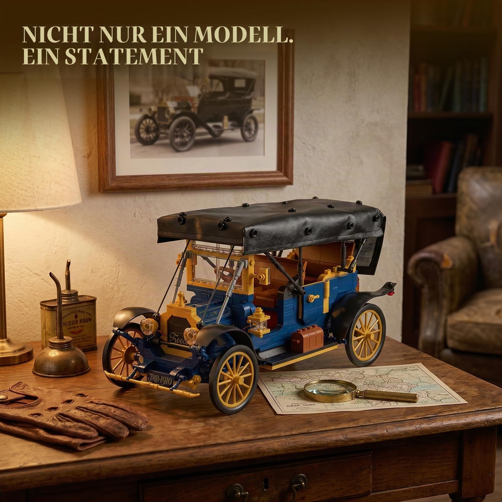 JMBricklayer Vintage Auto Klemmbausteine Erwachsene mit Licht, 50003 Retro Modellbau mit Leder-Faltverdeck, Oldtimer Car Sammler Ausstellungsset, Bausteine Geschenke für Fans Antik Fahrzeuge 14+