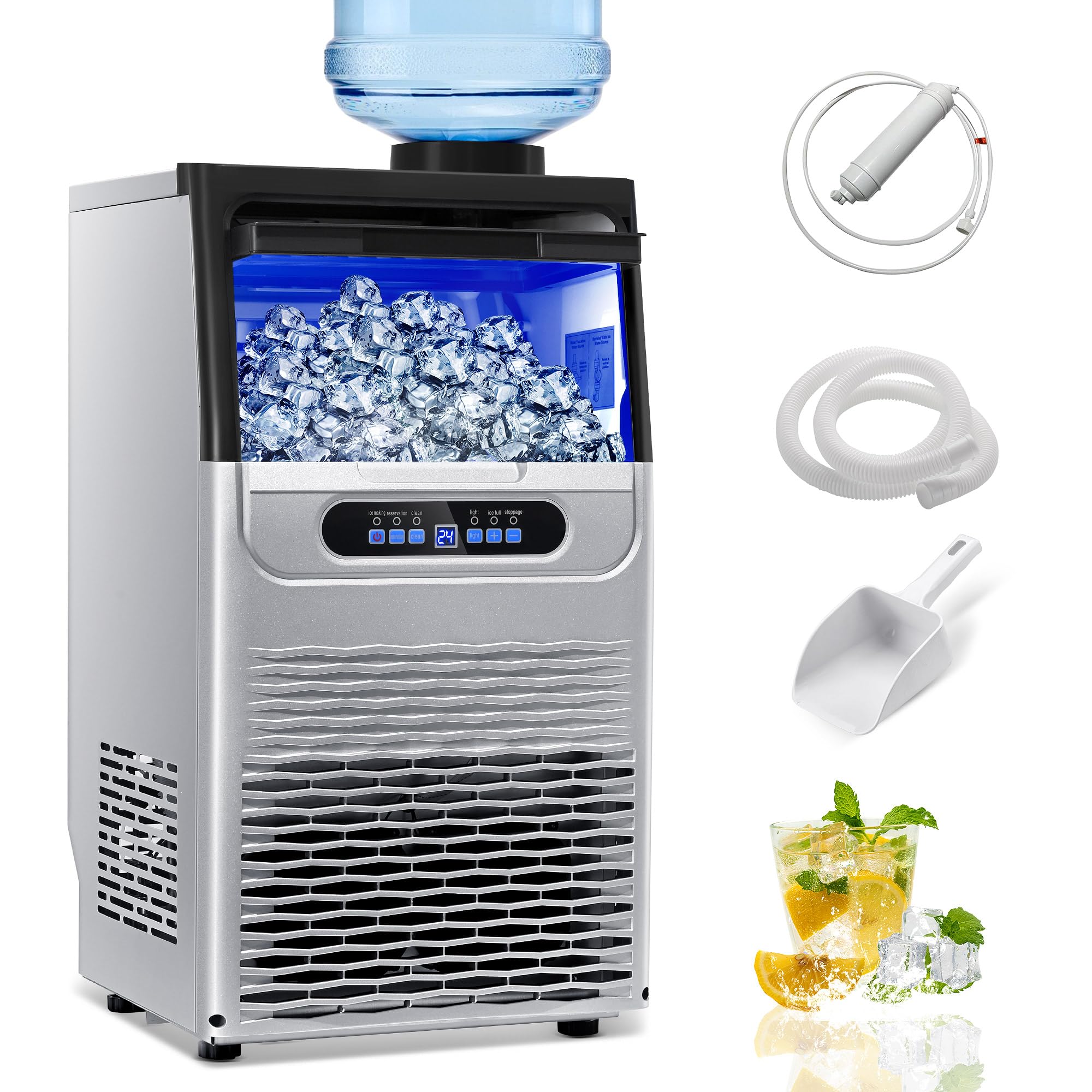 Zomagas 100LBS/24H Commercial Ice Maker Machine, Dual Water Inlet Under Counter or Freestanding Ice Machine, 36 Cubes/Cycle with 22LBS Storage for Home, Bar, Restaurant, Coffee Shop