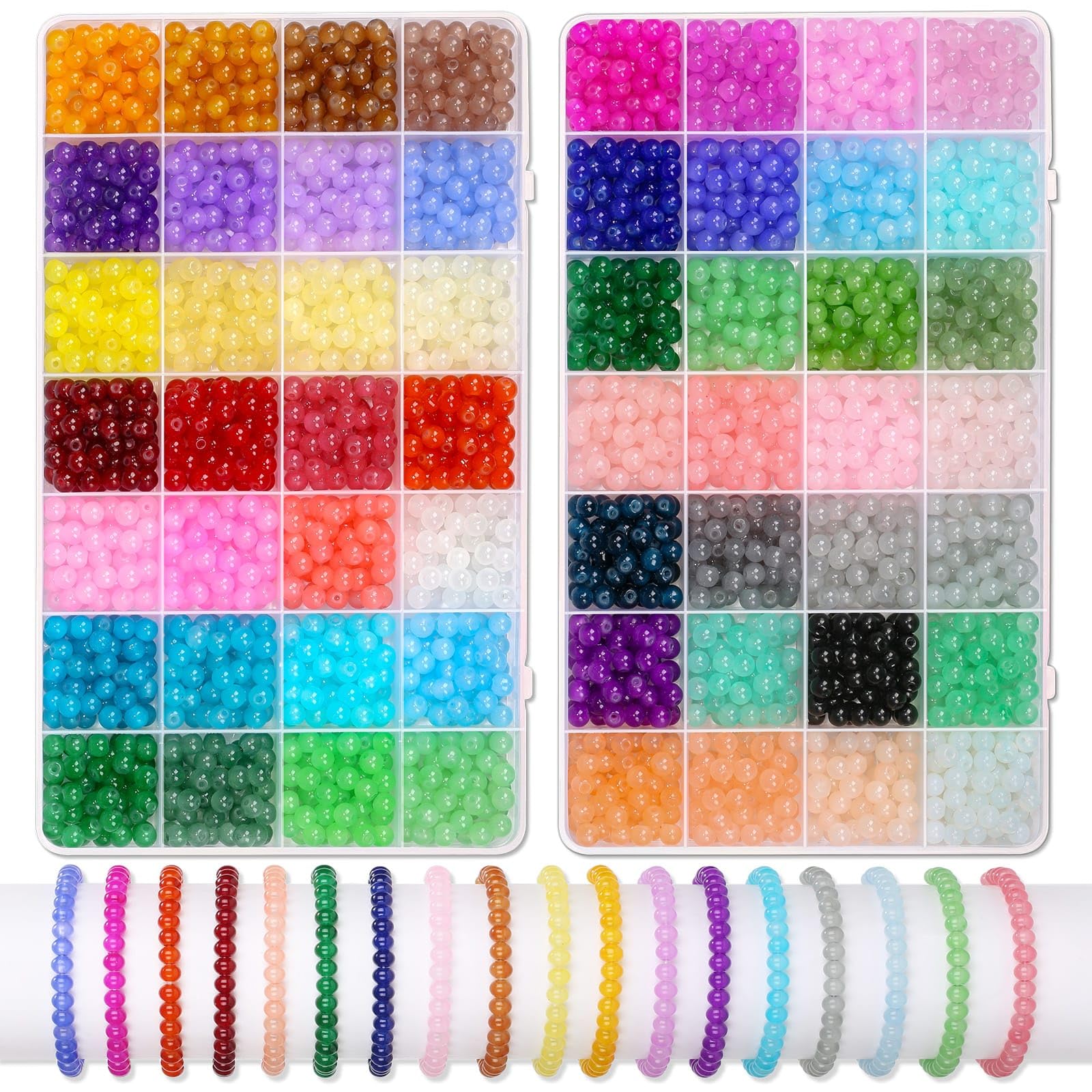 PAXCOO 3200pcs 6mm Glass Beads for Jewelry Making, 56 Colors Glass Beads for Bracelet Making, Beaded Bracelets Kit for Bracelet Earring Necklace