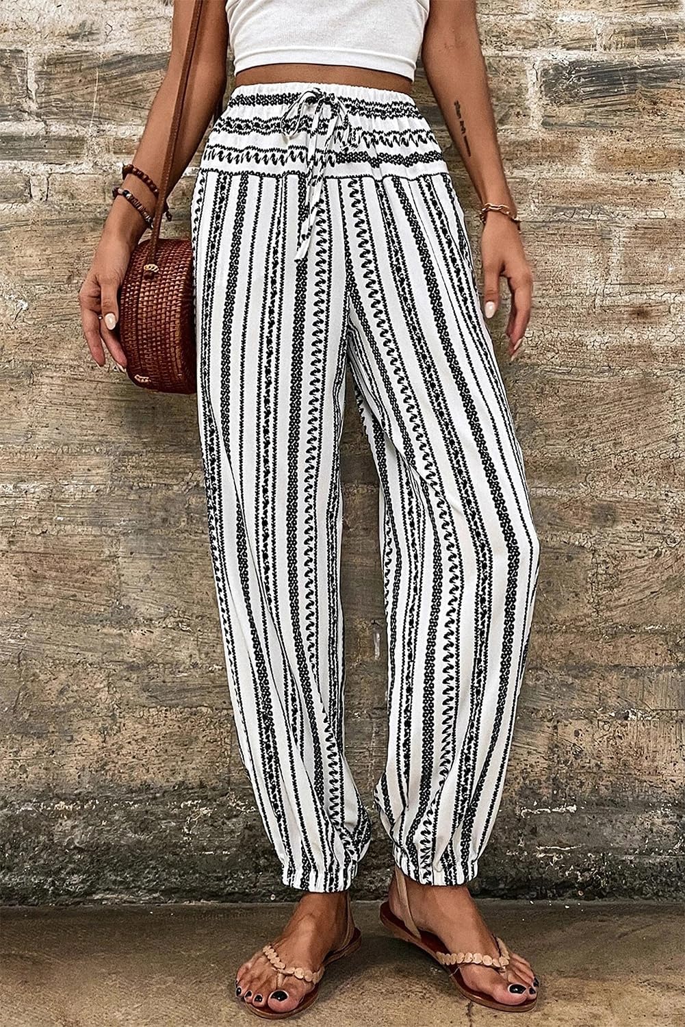 Trendy and Relaxed Fit Joggers - Black and White Striped Print with High Waist Design