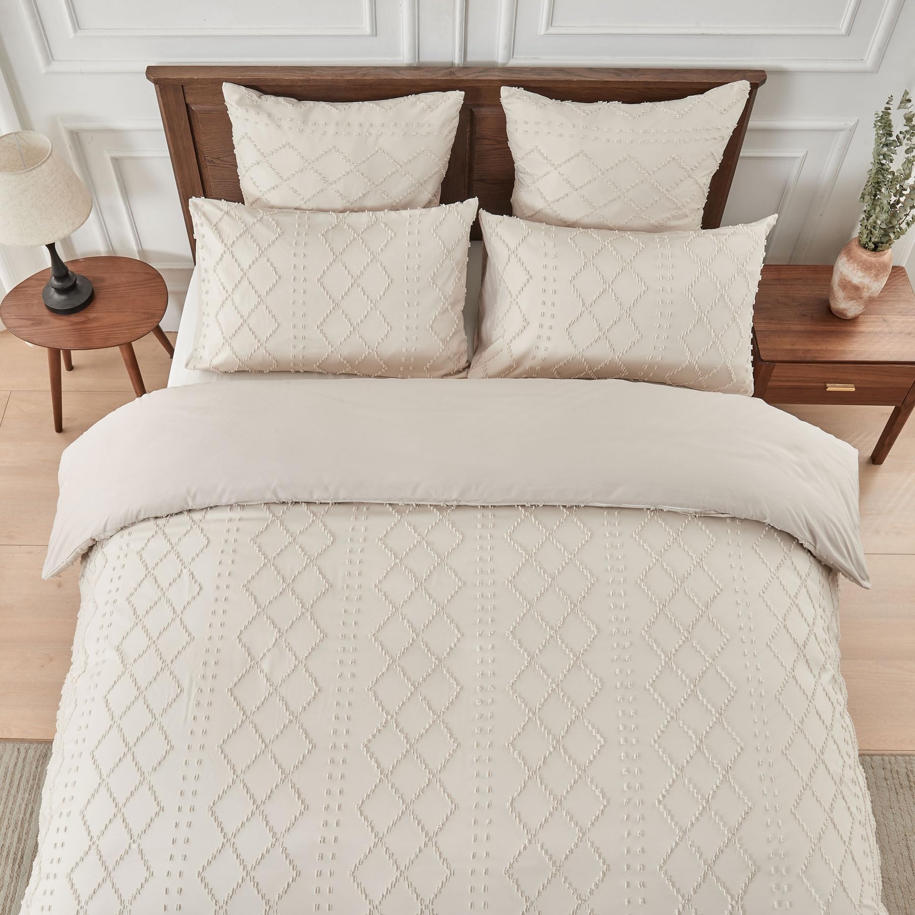 Housse de Couette 220x240 Bohème Beige Tuftée Parure de Lit Bohème Style Géométrique Grille Carrée Linge de Lit 2 Personne Adulte avec Fermeture Éclair avec Taies d'oreiller 65x65 cm