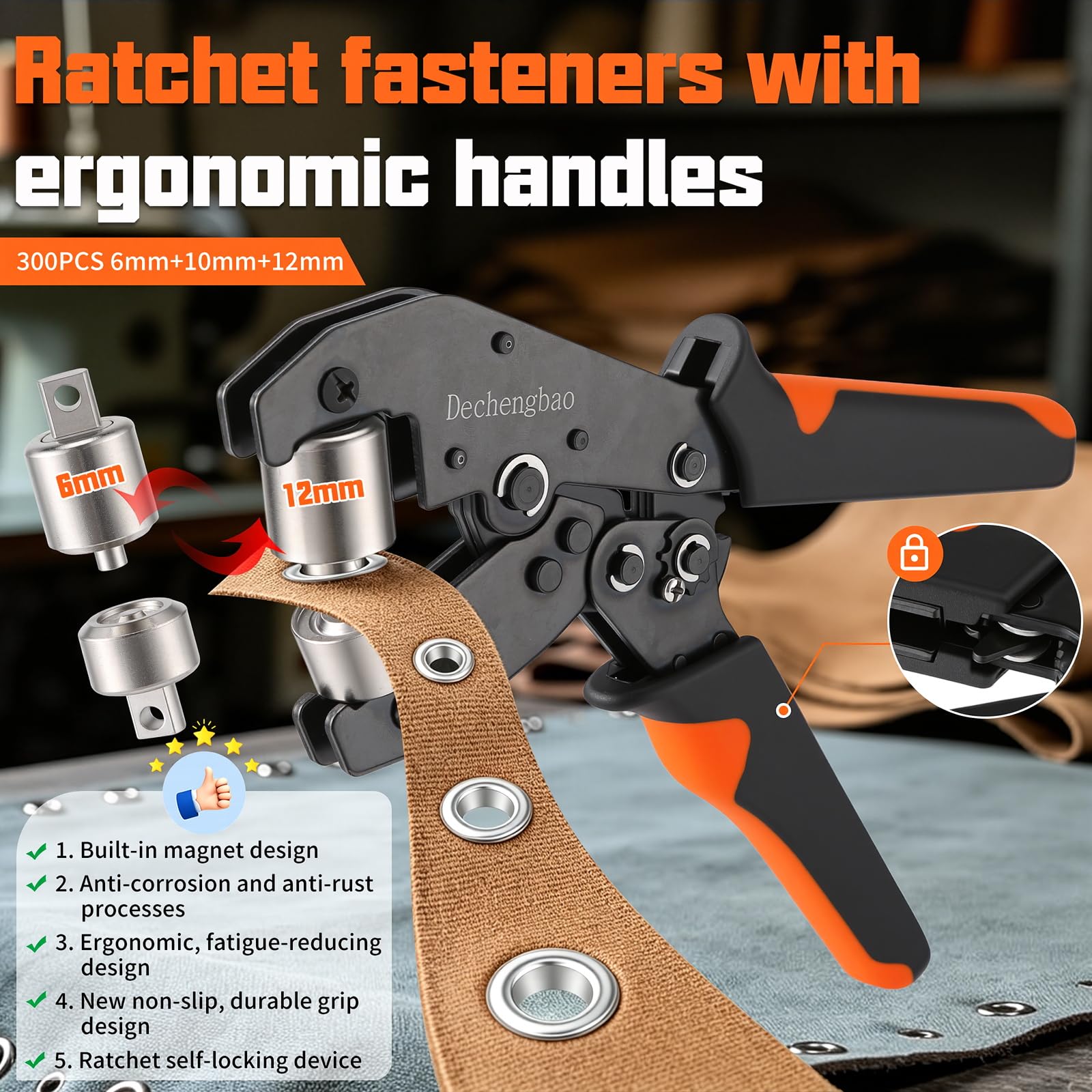 Ratchets Ösenzangen-Set mit 300 Metallösen, Lochwerkzeug mit 1/4", 3/8", 1/2" Bohrgrößen für Planen, Zelte, Leinwand, Vinyl und Lederverarbeitung