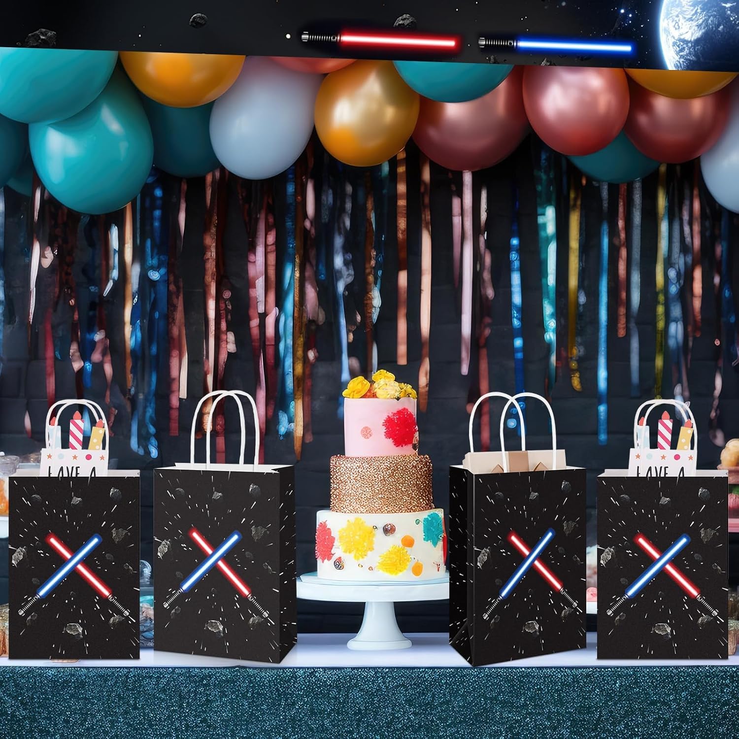 HIYZI 24 Pcs Star Themed Party Favor Goodie Paper Bags Universe Star Decorations Party Supplies Gift Bag Candy Bags Handbag for Kid Boy Girl Birthday Baby Shower