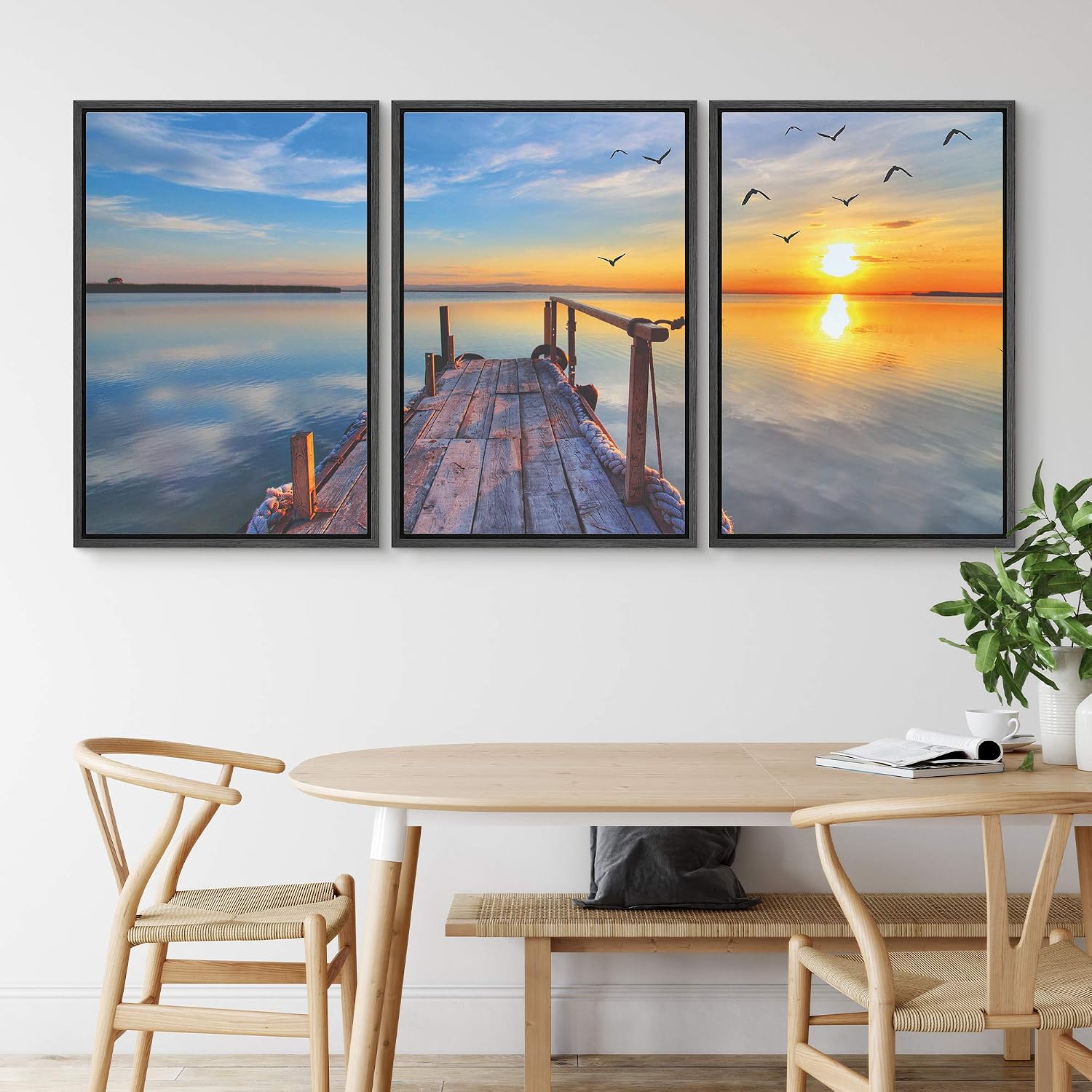 NWT Framed Wall Art Print Set Pier Extends into Sunset Sea Horizon Nature Ocean Photography Modern Art Nautical Landscape Colorful Ultra for Living Room, Bedroom, Office - 16"x24"x3 Black