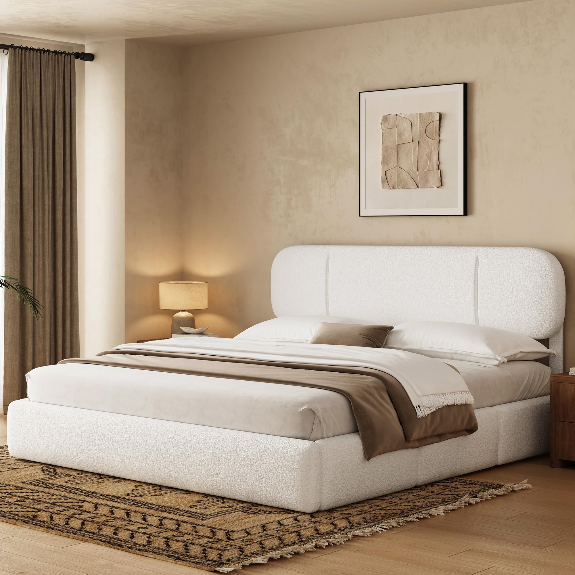 Uteeran King Size Bed Frame with Storage, Boucle Cloud Bed with 4 Locking Drawers & LED Lights, Modern Upholstered Platform Bed, Plush Sides &