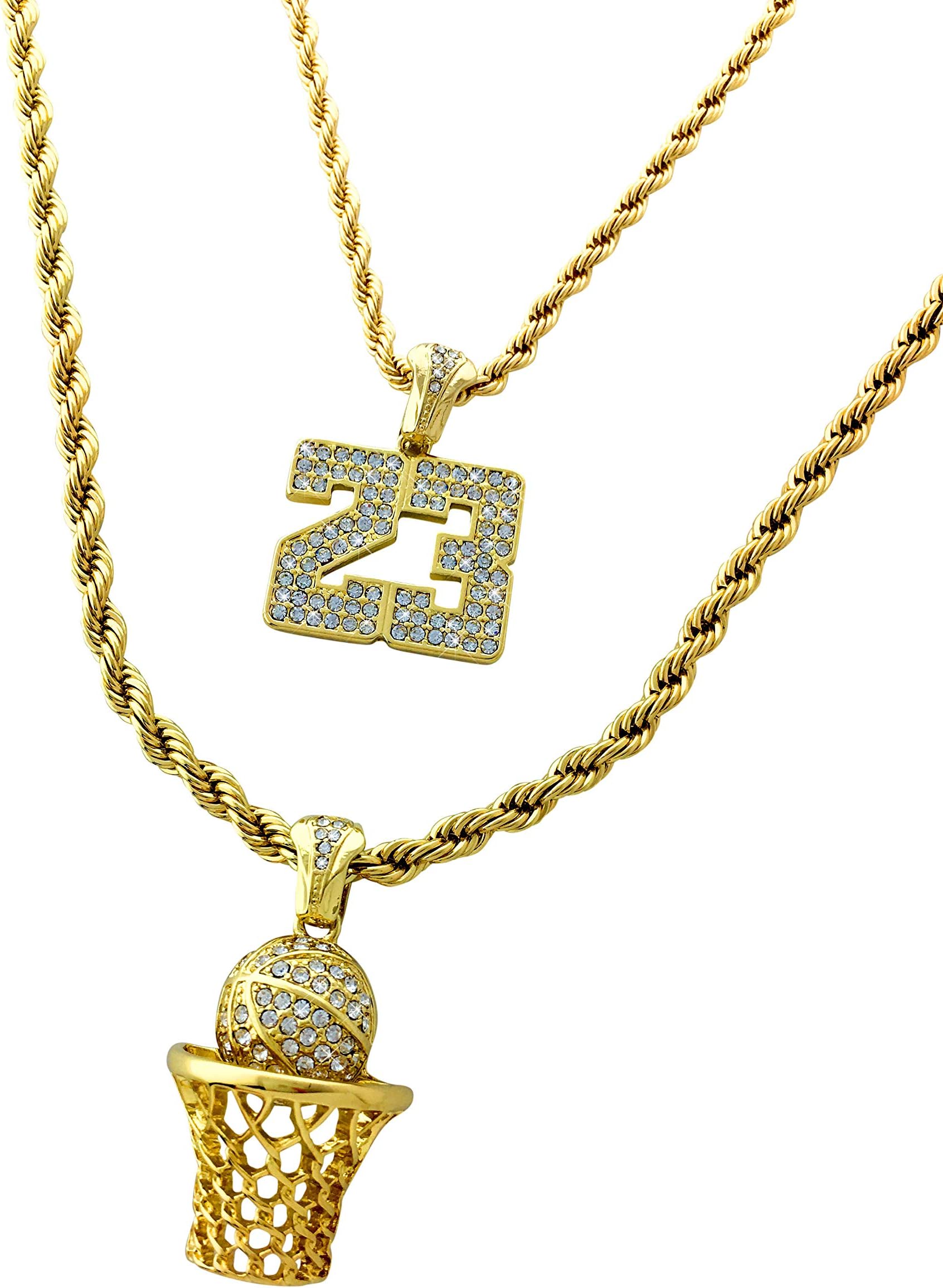 United Bling Two Piece Chain Necklace Set with Number 23 & Basketball Hoop Pendants