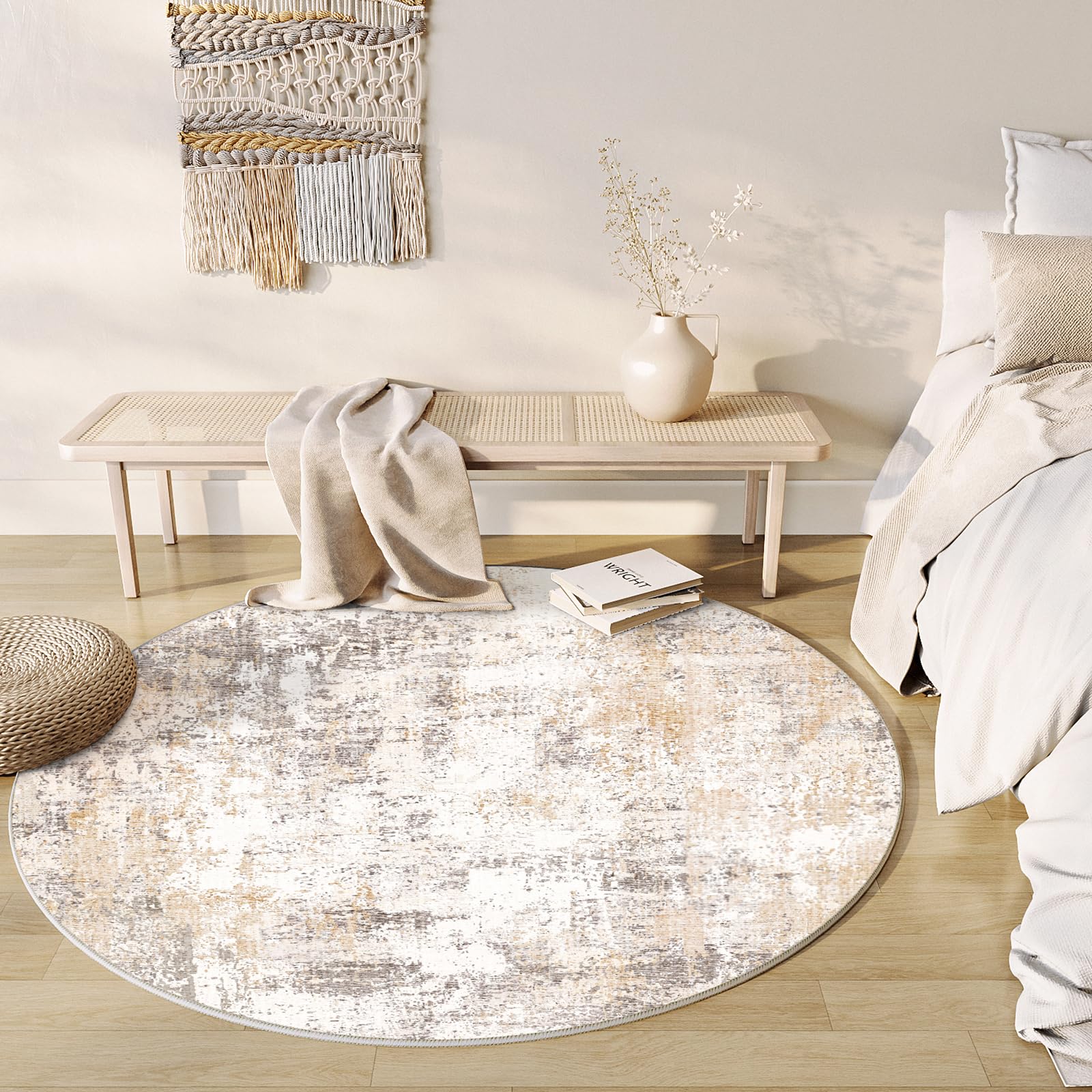 Amazon.com: WondRg 8x8 Washable Round Rug Beige Grey Abstract Non