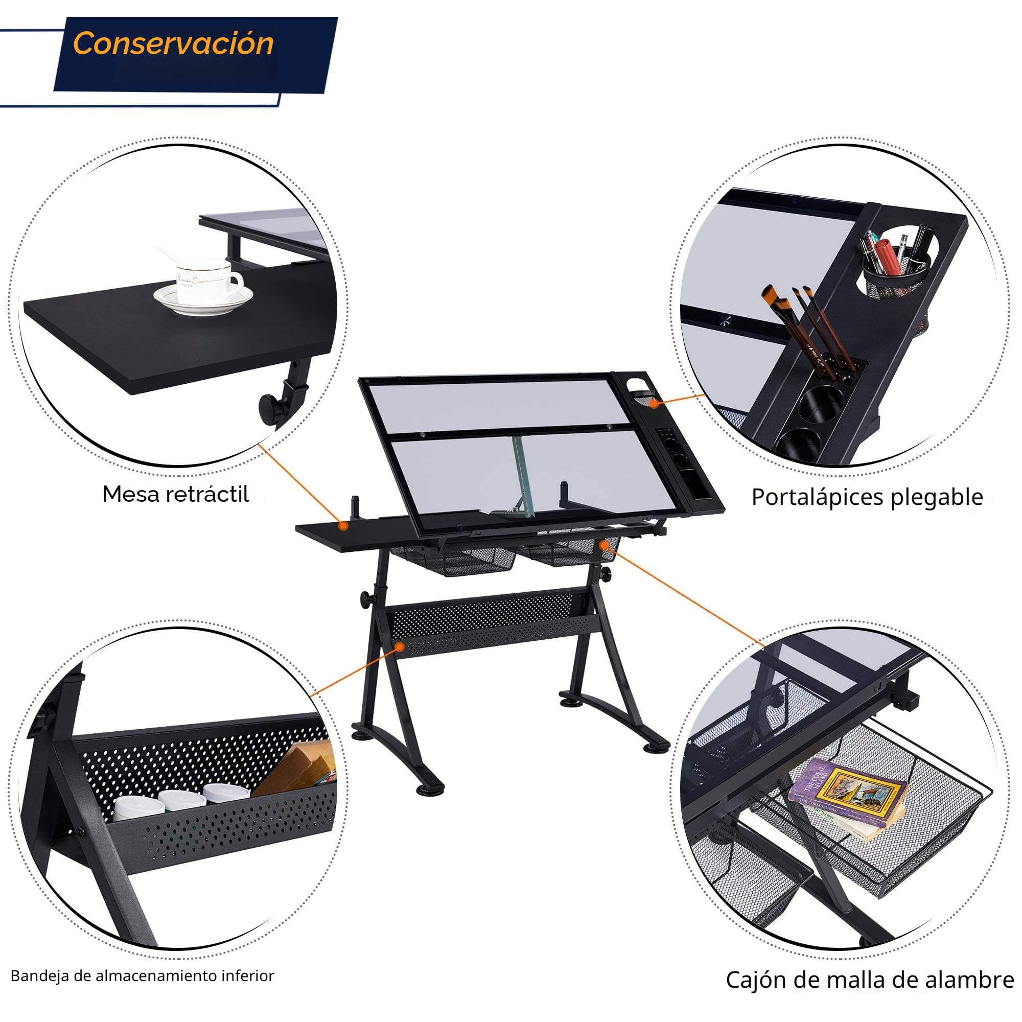Yaheetech Mesa de Dibujo Reclinable con Taburete Mesa Inclinable Altura Ajustable con Bandeja de Cristal y 2 Cajones para Casa, Oficina, Escuela 141 × 60 × 91 cm