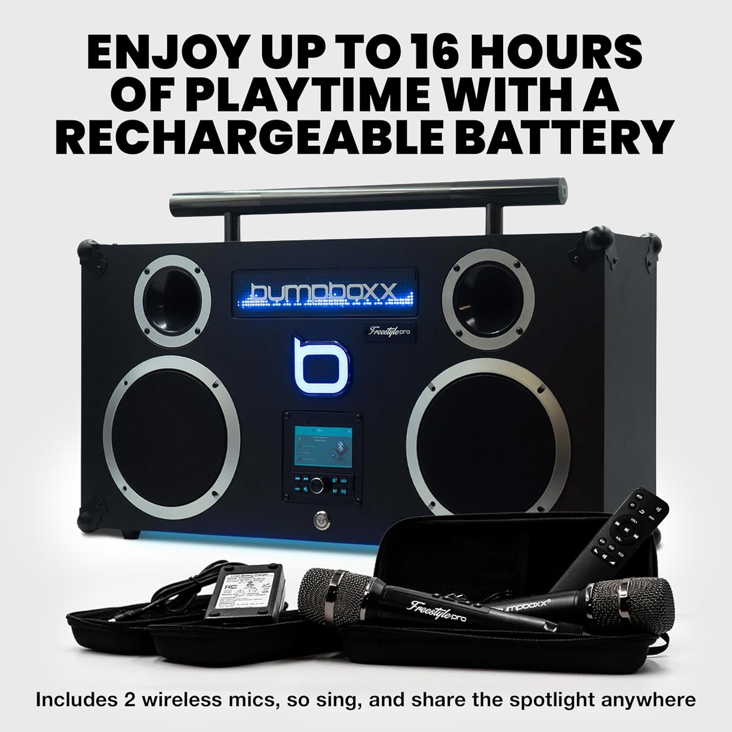 Bumpboxx Freestyle Pro Retro Boombox Bluetooth Speaker, Up to 16-hour Play Time, Deep Bass, Large Bluetooth Boombox Speaker with 3.5" LCD Display, 2 Wireless Rechargeable Microphones, Black - Image 6