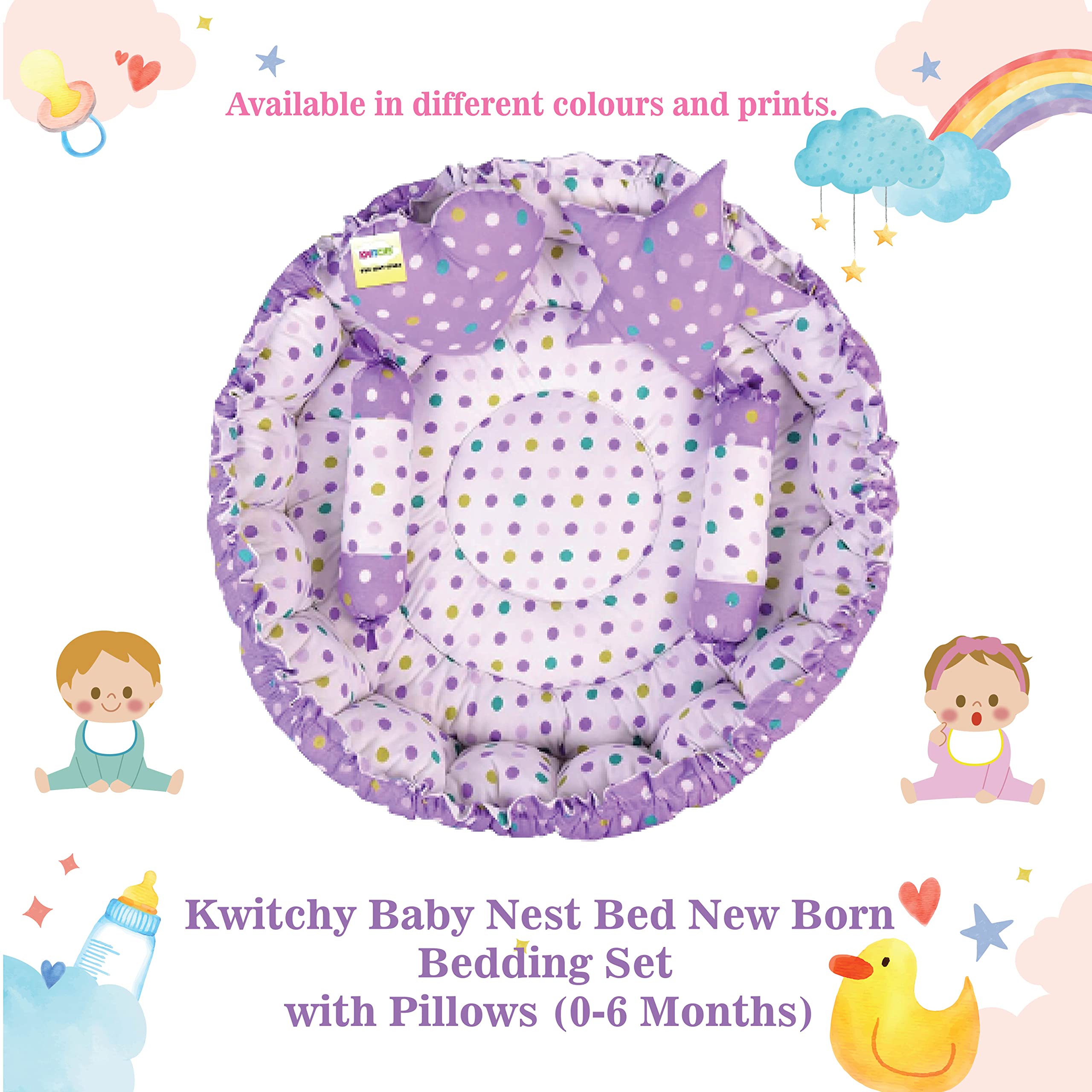 Kwitchy Baby Bed New Born Baby Reversible | Bedding Set | Carry | Cotton | Infants | Products All | Gift | Essentials (0-6 Months) (Purple Mixmatch) 1