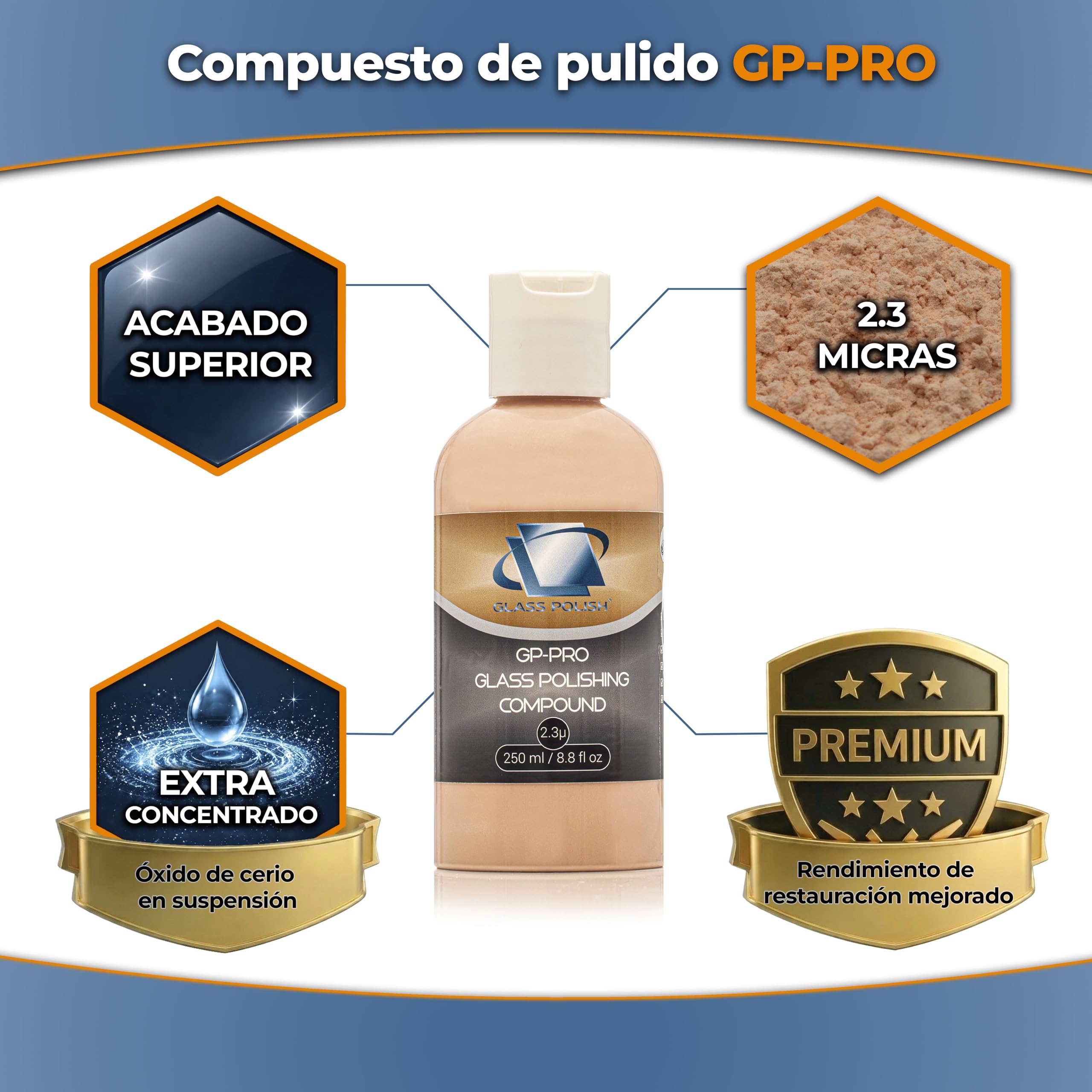 GP-Pro Compuesto para Pulido de Cristal Profesional, 250 ml, Gel de óxido de cerio Superior suspendido