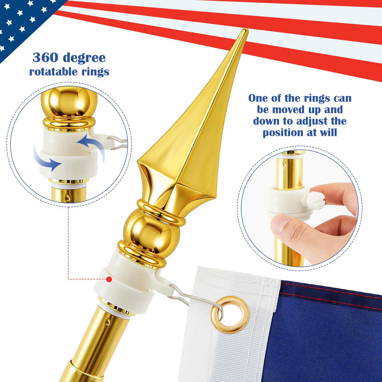 Moxweyeni Kit de mástil de bandera de interior telescópico de 3.5 a 8 pies con base de aluminio resistente dorado y soporte para oficina, escuela, ayuntamiento, no incluye cartel