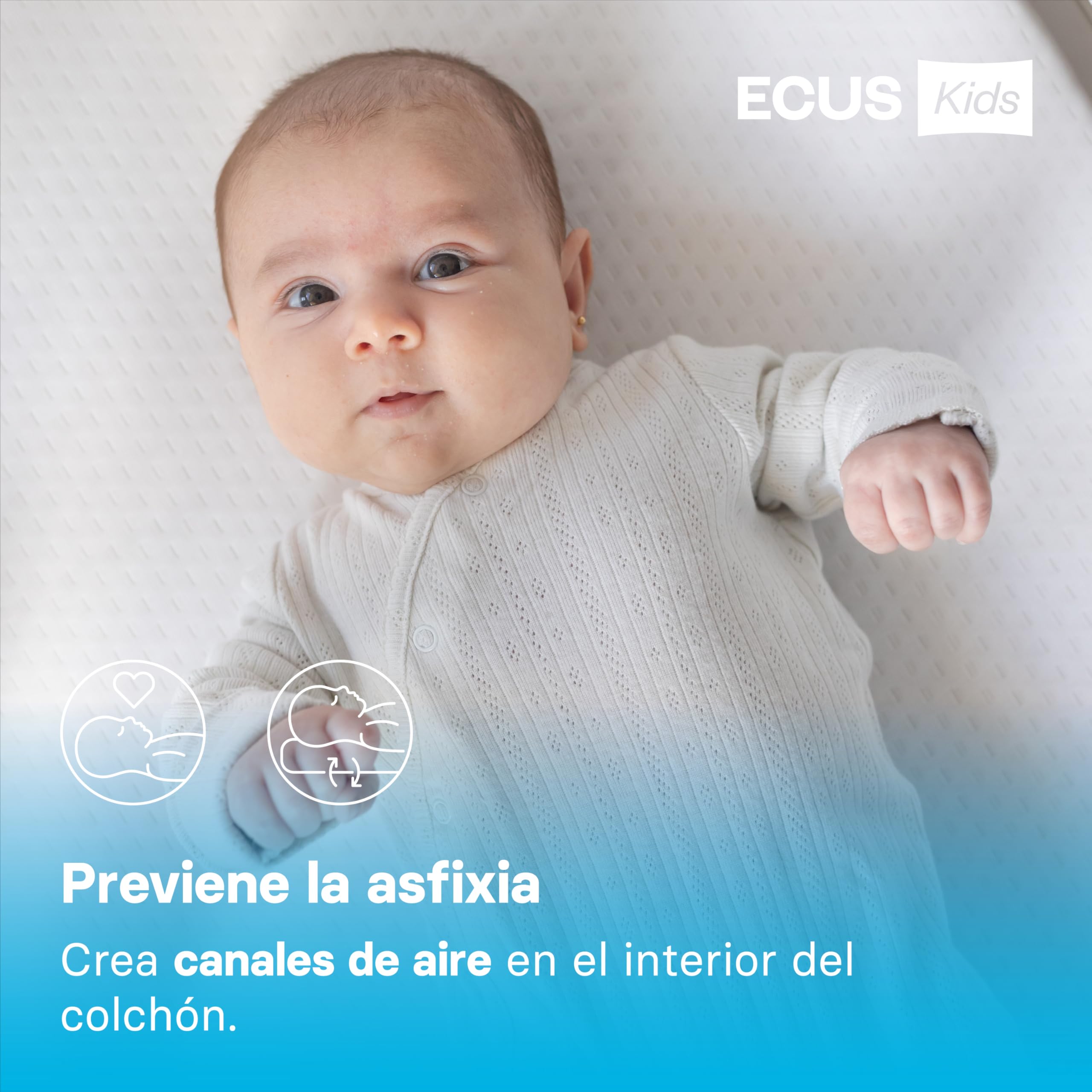 Ecus Kids, Colchón Mini Cuna Care Mini 90x50 cm, Antiplagiocefalia, Tejido Xtra-Cool, Hipoalergénico, Desenfundable, Altura 8 cm, Colchón Infantil para Sueño Seguro y Saludable