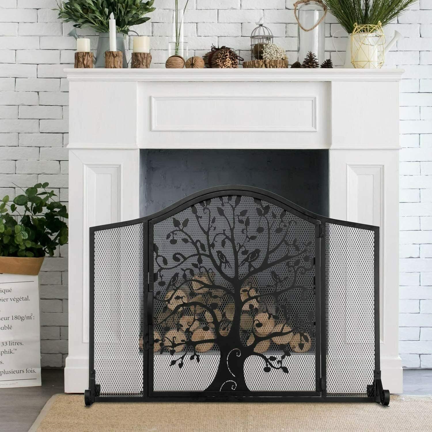 Fireplace Screens Black Wrought Iron Fireplace Screen Door with Silhouette Tree Bird Design Fireplace Screen Flat Fireplace Screens Decorative Beautiful Scenery
