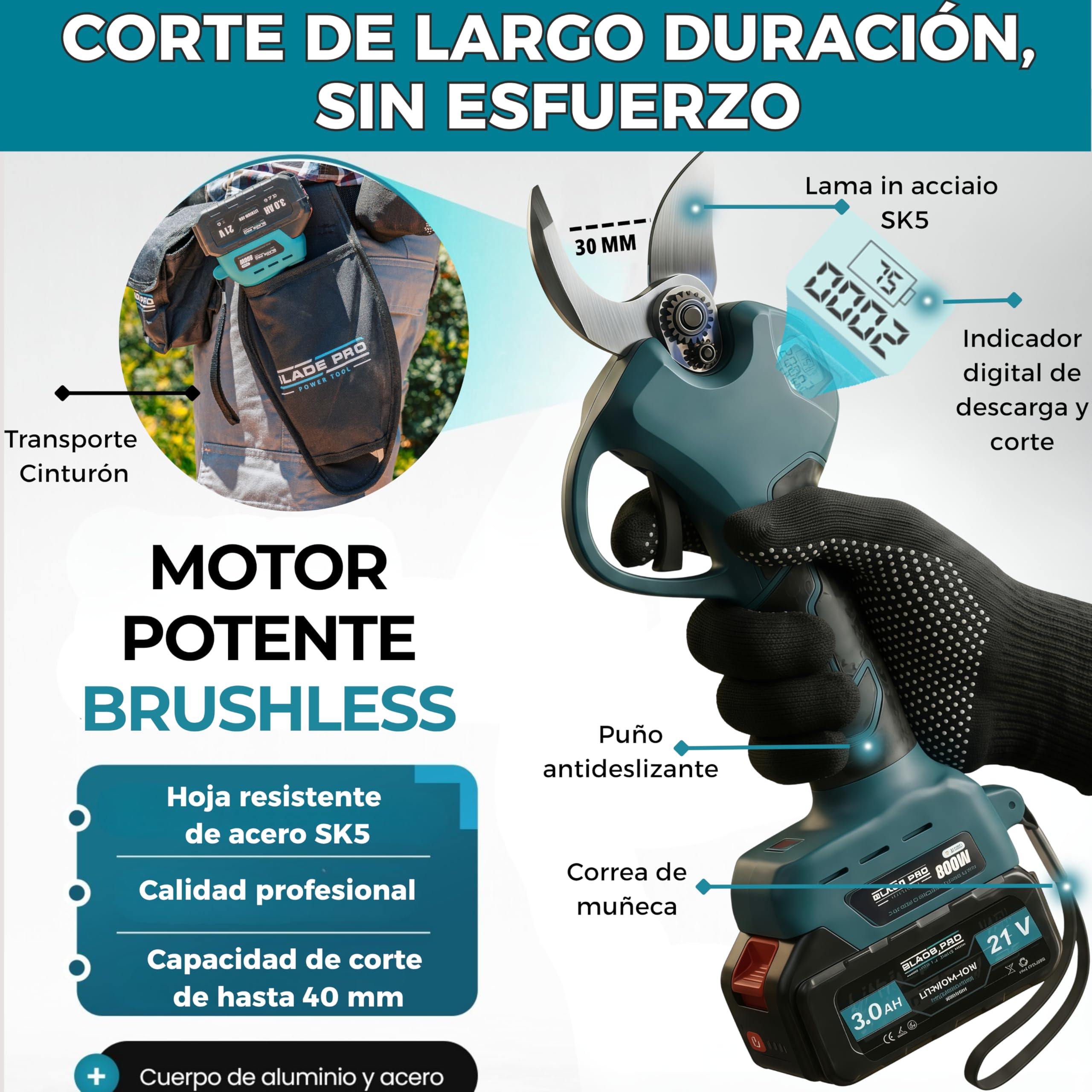 Tijeras de Podar a Batería 6000mAh Brushless hasta 40mm — Tijeras Eléctricas Profesionales — 2 Baterías 21V — Cuchilla SK5 — Kit Completo 10 Piezas BLADEPRO