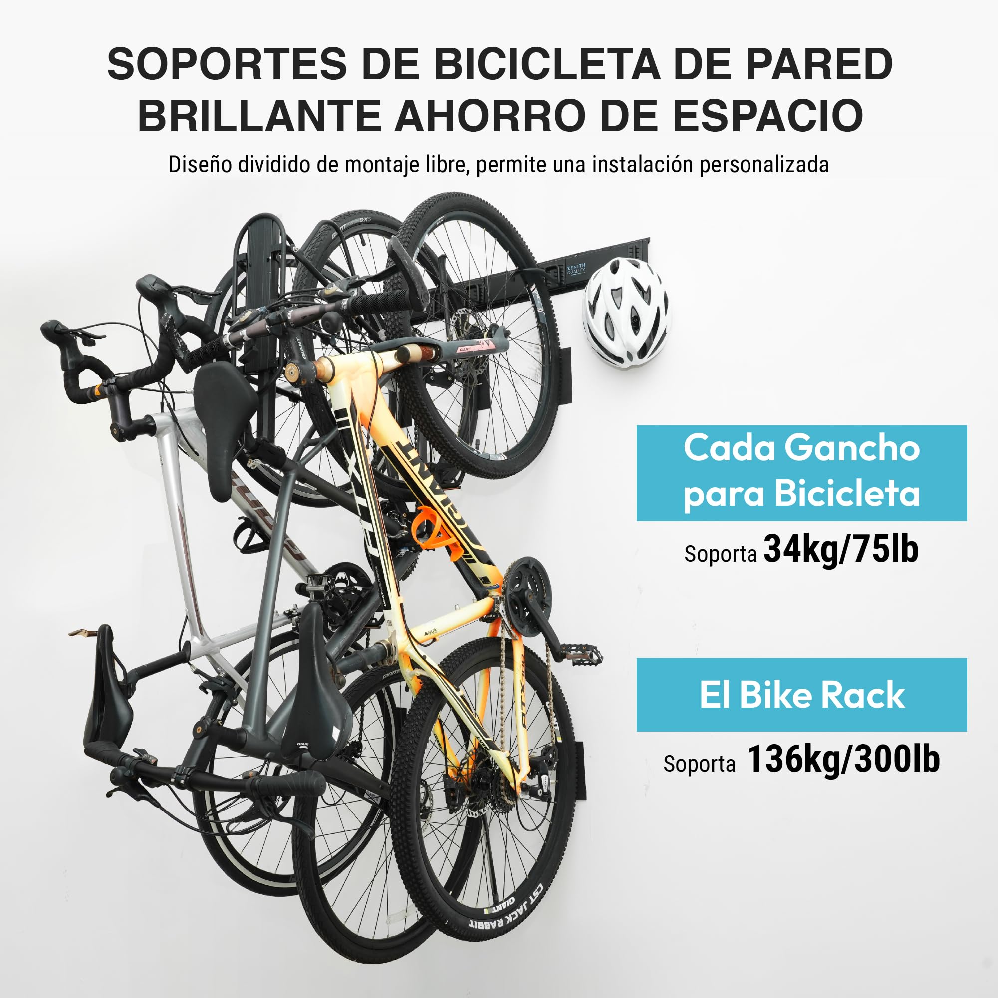 ZQ - Soporte bicicleta pared y soporte bicicletas pared | Gancho bici con 4 ganchos para bicicletas, 3 para cascos y capacidad 136 kg | Incluye pegatinas protectoras