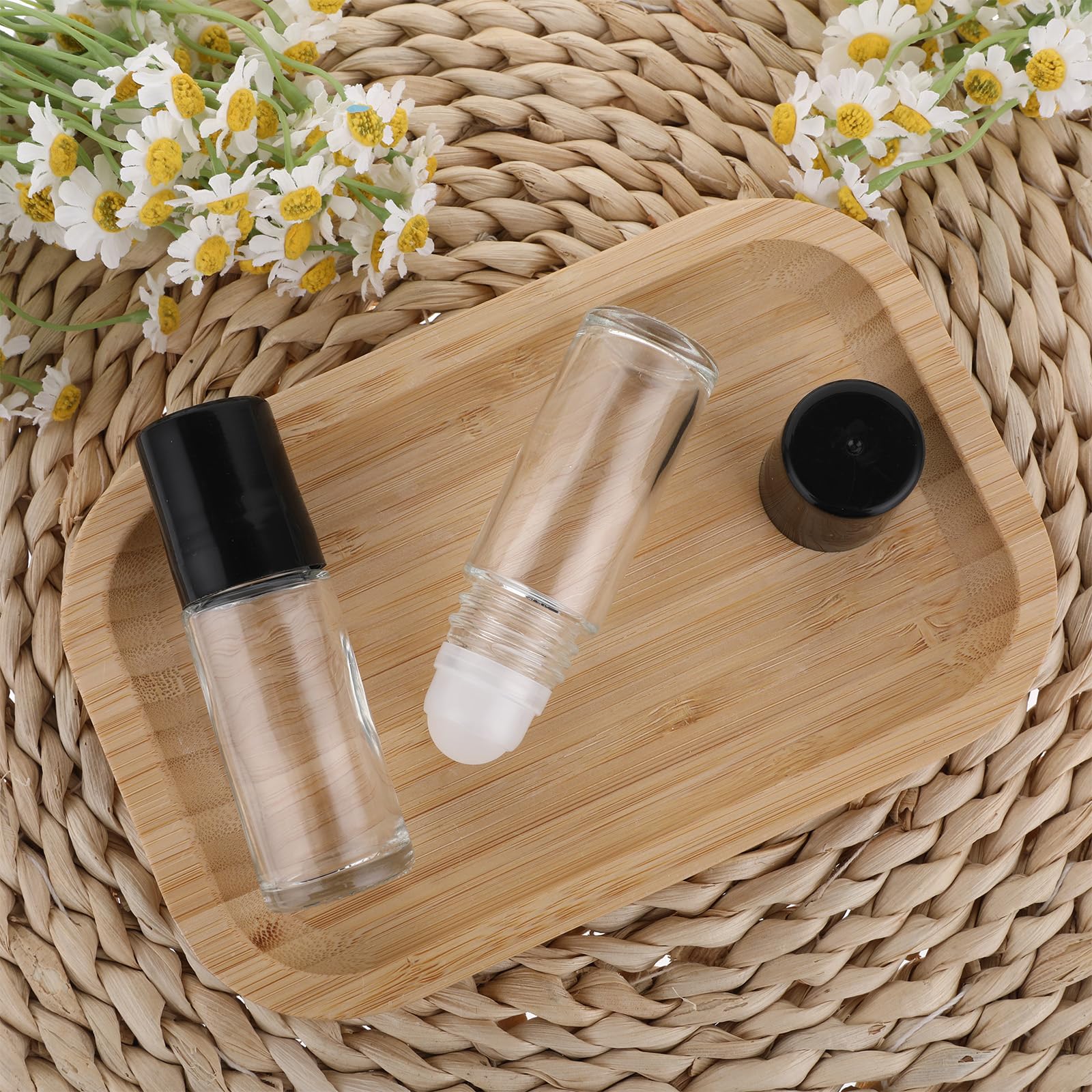 Grevosea 2 bottiglie a rullo, in vetro trasparente nero con sfera a rullo in plastica e coperchio nero, vuote, in vetro, per oli essenziali, 30 ml, ricaricabili, contenitori cosmetici per profumi, oli