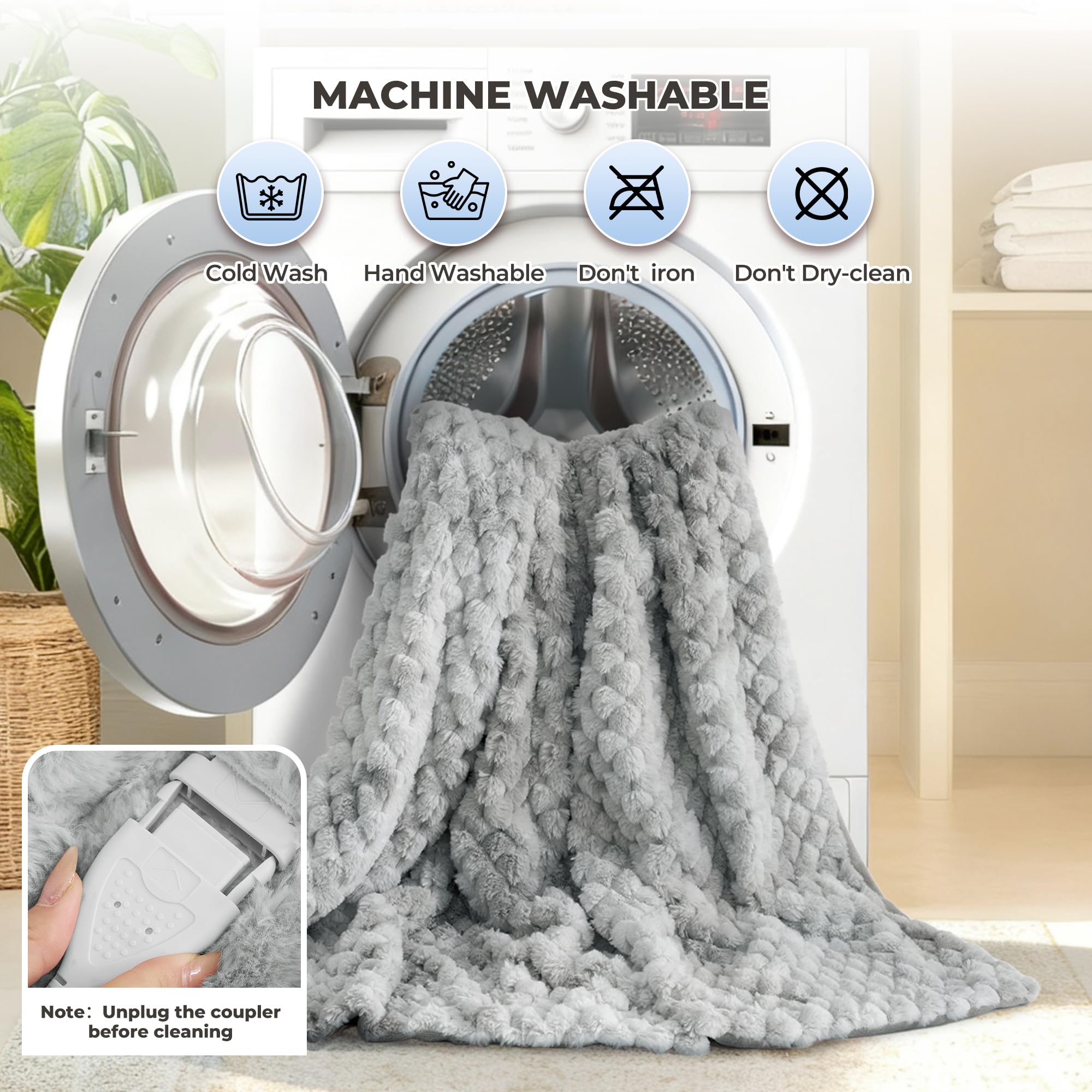 Coperta Elettrica Riscaldante 130x180 cm, Jacquard 3D a Petalo in Peluche di Coniglio & Flanella, 6 Livelli di Calore & Spegnimento Automatico 1-10H, Lavabile per Letto, Divano, Ufficio (Blu)