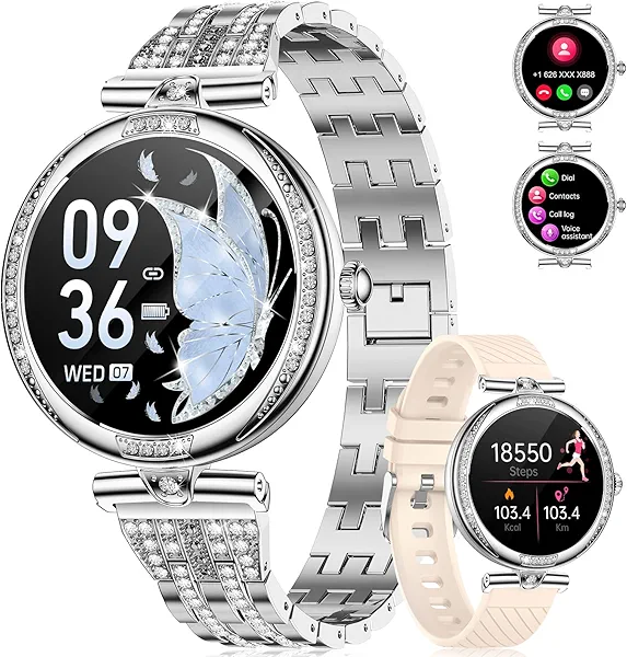 LIGE Smart Watches for Women (Answer/Make Call) with Diamonds,1.19” AMOLED Smartwatch with Heart Rate/Sleep Monitor,IP68 Waterproof Fitness Tracker 120 Sport Modes Pedometer for Android iOS,Sliver
