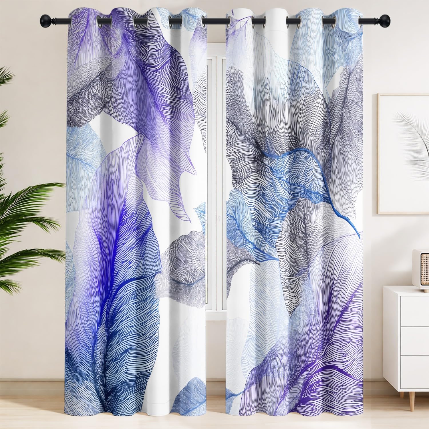 Générique Zasłony zaciemniające z niebieskimi liśćmi, botaniczny, kwiatowy 150 x 200 cm, ochrona przed zimnem i ciepłem - zestaw 2 zasłon w stylu akwareli, wykwintne, realistyczne do nowoczesnej