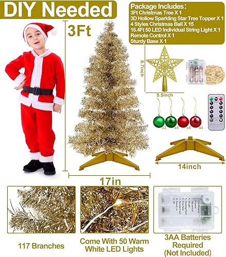 Miniatura 9 de TURNMEON Control remoto, 8 modos, árbol de Navidad de 3 pies con temporizador, 50 luces cálidas, 15 adornos de bola de bricolaje, estrella 3D,