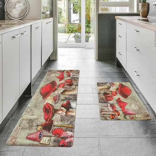 Miniatura 2 de ASPMIZ Juego de 2 alfombras de cocina con diseño de hongos, alfombrillas acolchadas antifatiga, impermeables para el frente del fregadero, tapete de
