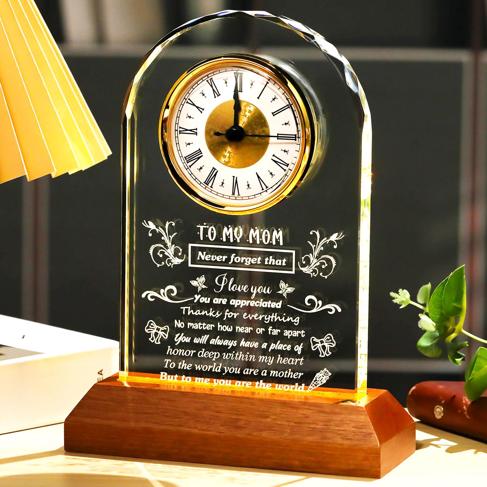 Arikyrist Gifts for Mom from Daughter Son Crystal Clock with Light Base