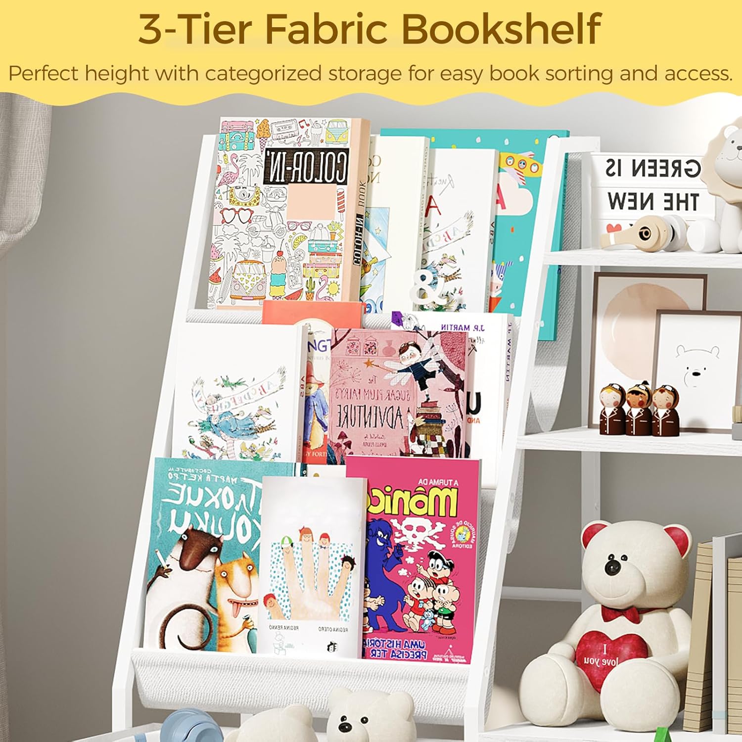 Kids Bookshelf and Toy Storage,3-Tier Sling Bookcase for Kids,Sturdy Toddler Bookshelf for Nursery,Playroom, Bedroom,White KBWT8401