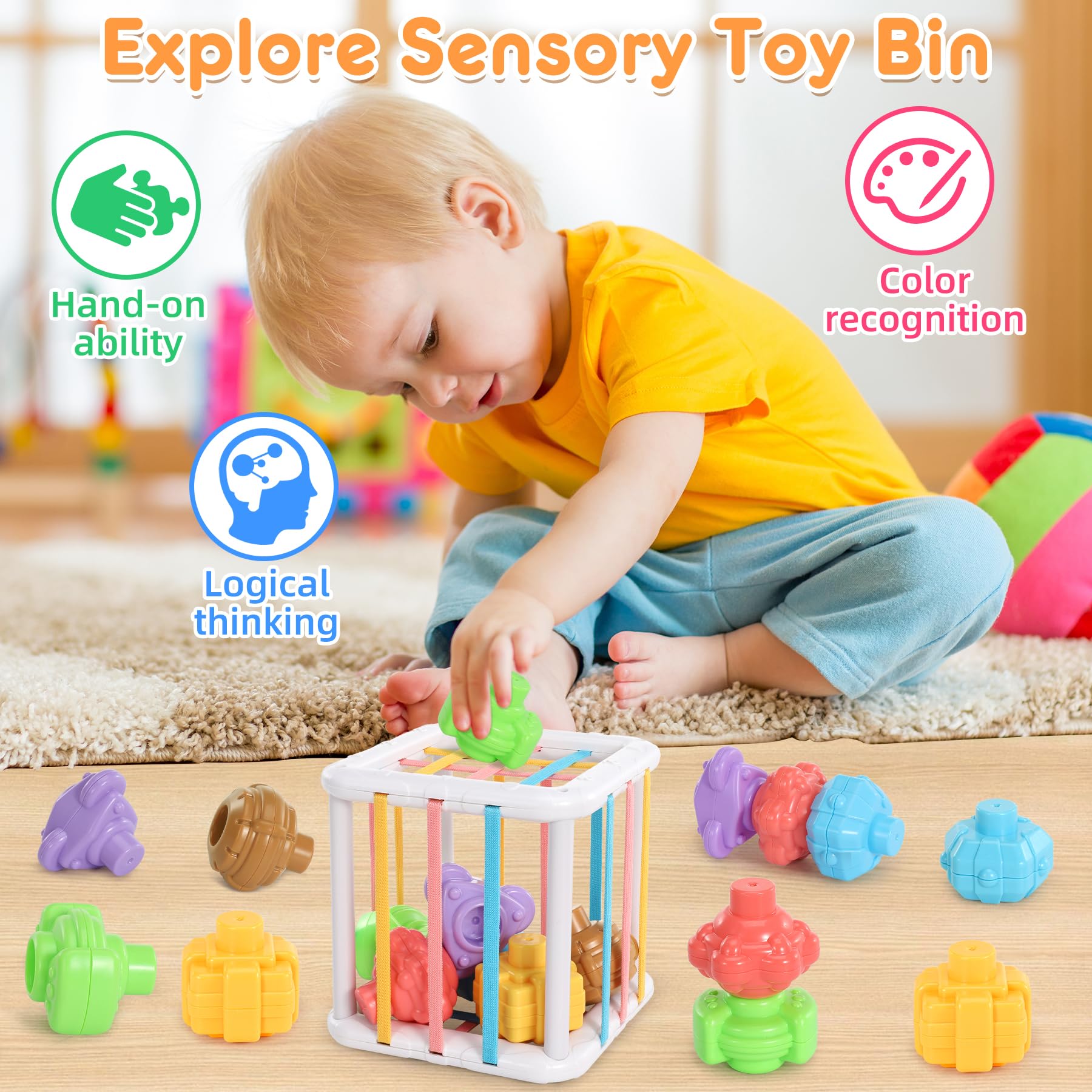 Juguetes Montessori Bebes 6-12 Meses 1 2 3 Años, Juguetes Sensoriales Educativos Montessori 26 Piezas Juguetes de Apilar y Encajar, Cubo, Bloques Mordedor Bebe Regalos para Bebés