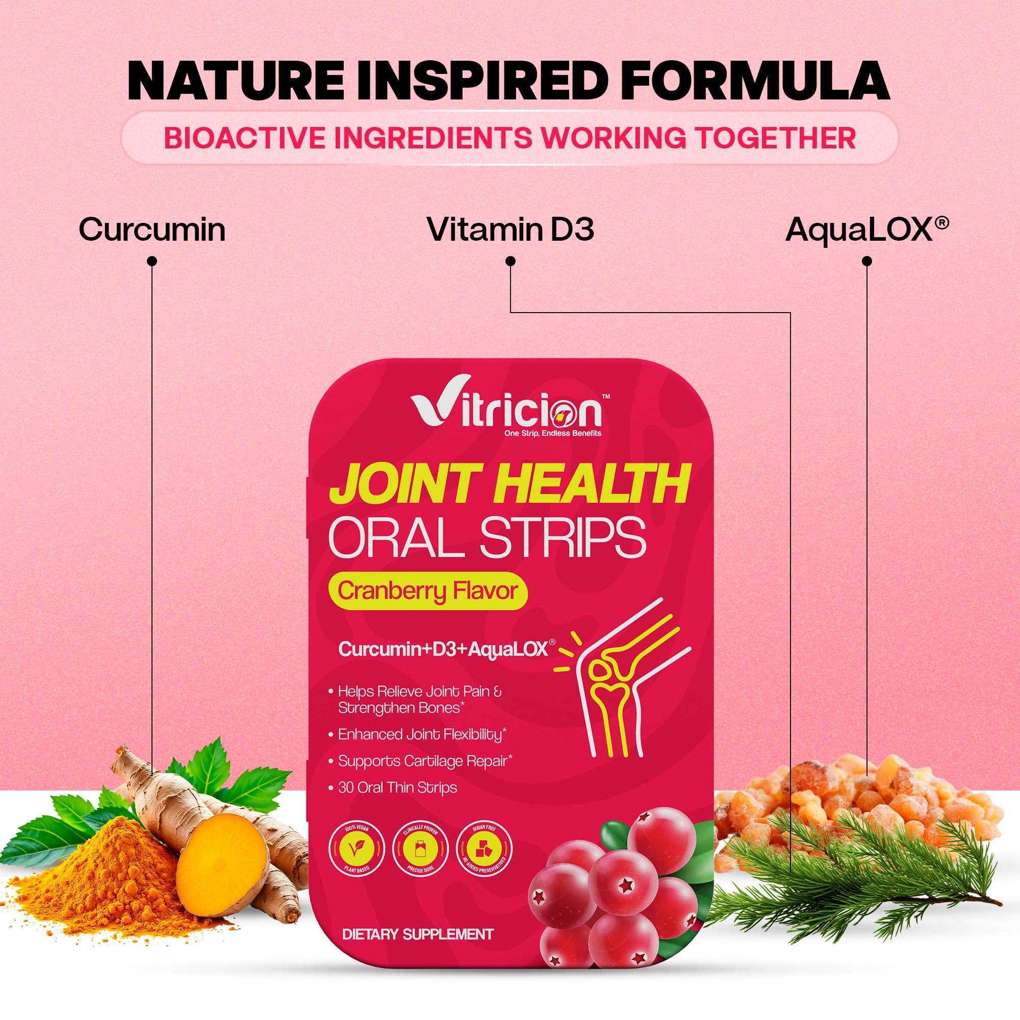 Vitricion Joint Support Oral Strips 30 Fast Dissolving Oral Thin Strips Vegan, Non-GMO Strips with Curcumin, Vitamin D3 & AquaLOX | Supports Joint Health, Mobility & Flexibility | Plant-Based Cranberry Flavour 1