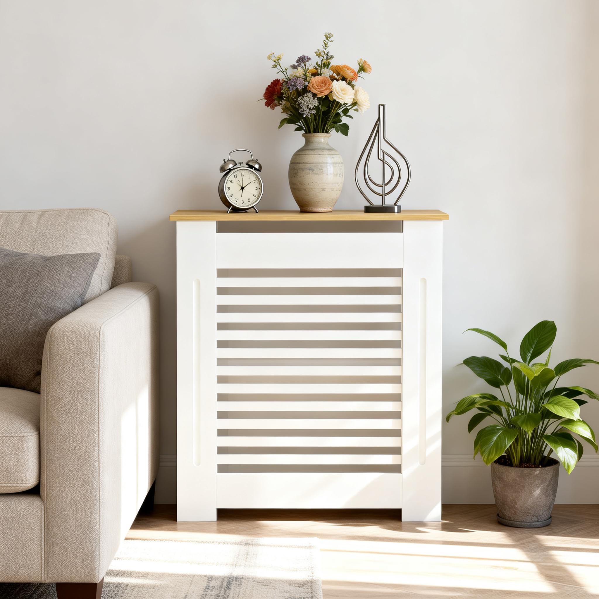FATIVO Pokrywa grzejników Biały MDF: 78x20x92,5 cm z drewnianą górną półką(poziomo)