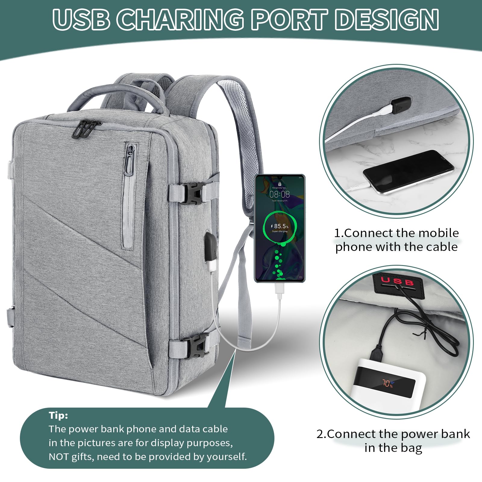 Zaino per Ryanair 40x20x25, Zaino da Viaggio Aereo Bagaglio a Mano Grigio Chiaro Zaino Porta PC Donna Uomo Impermeabile Zaino Bagaglio a Mano per Tutte le Principali Compagnie Aeree, con Porta USB 20L