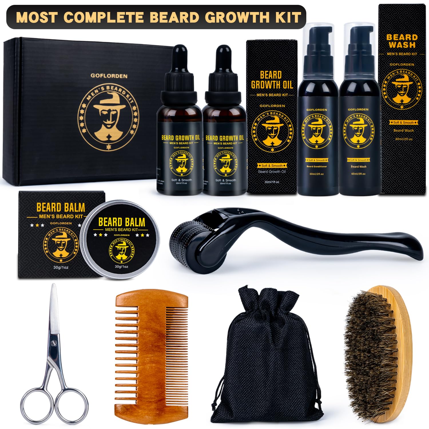 Kit per barba, kit per la cura della barba per uomo, kit per la crescita della barba con rullo per barba, 2 confezioni di olio per la crescita della barba, shampoo per barba, balsamo per barba